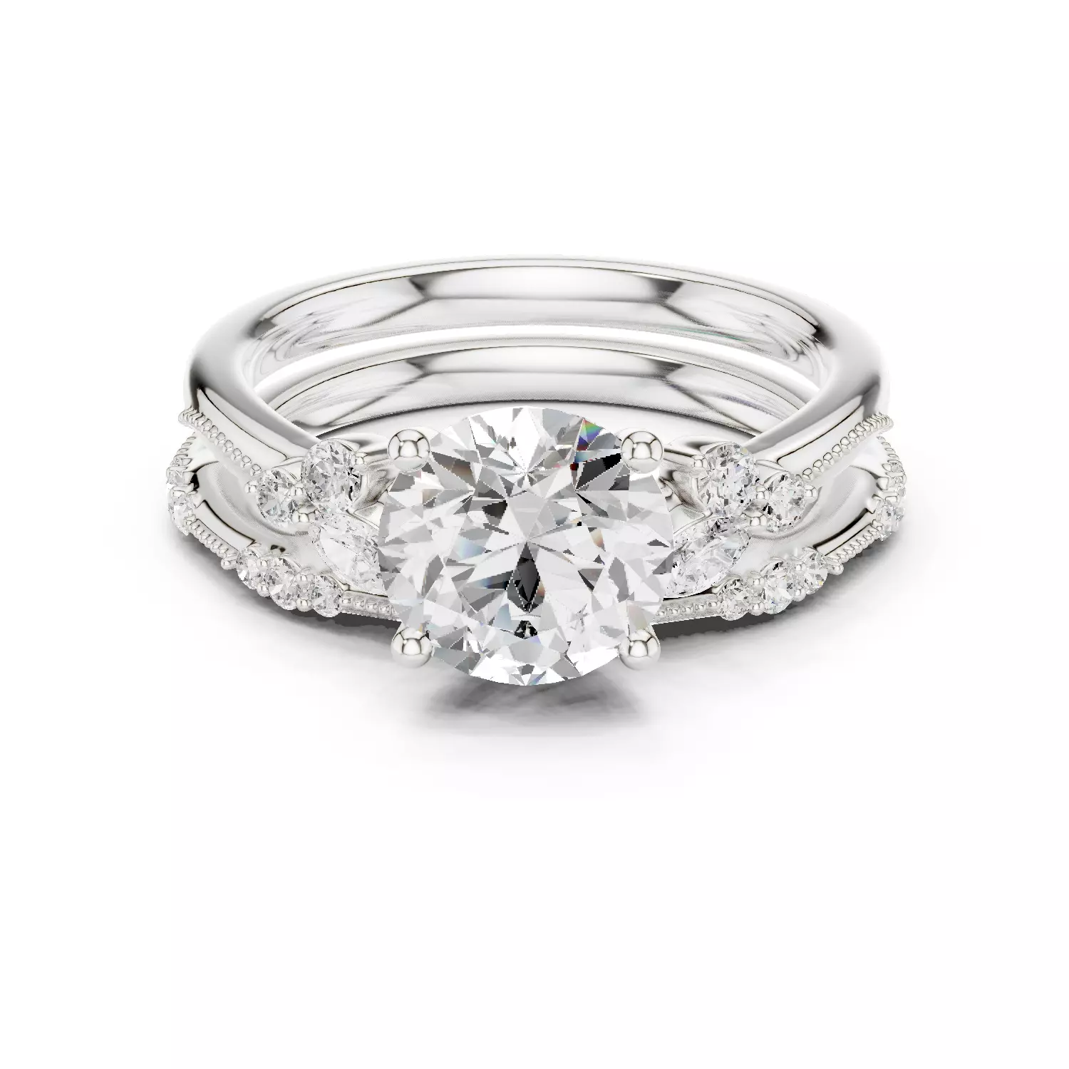 2CT Round Cut Diamond Stacking Wedding Ring Set 3DM STL Video 3D print model_14