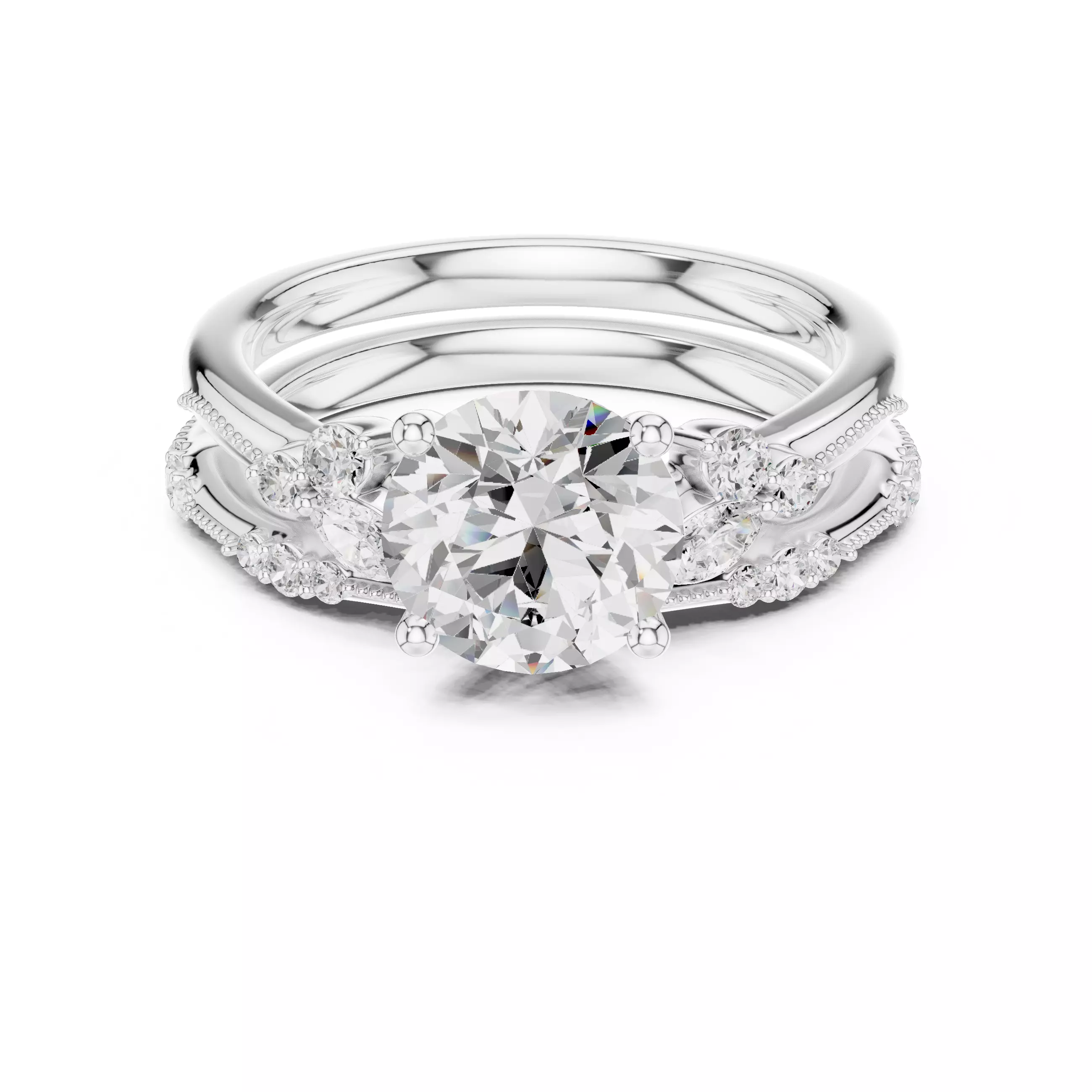 2CT Round Cut Diamond Stacking Wedding Ring Set 3DM STL Video 3D print model_2