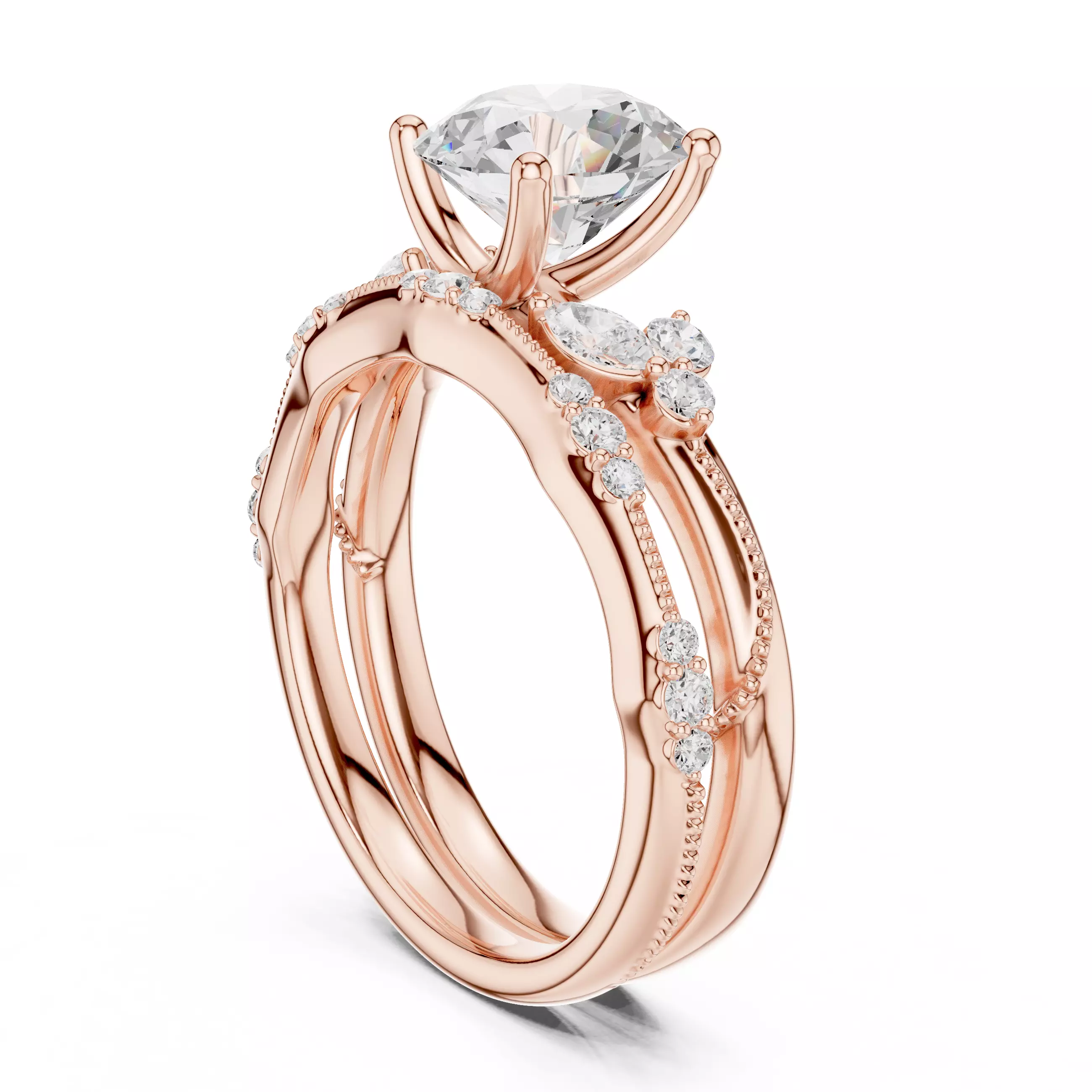 2CT Round Cut Diamond Stacking Wedding Ring Set 3DM STL Video 3D print model_3