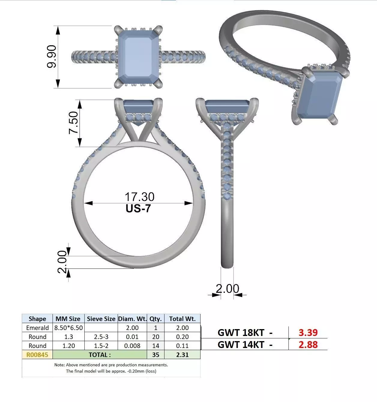2CT Emerald Cut Hidden Halo Pave Diamond Wedding Ring File Video 3D print model_15