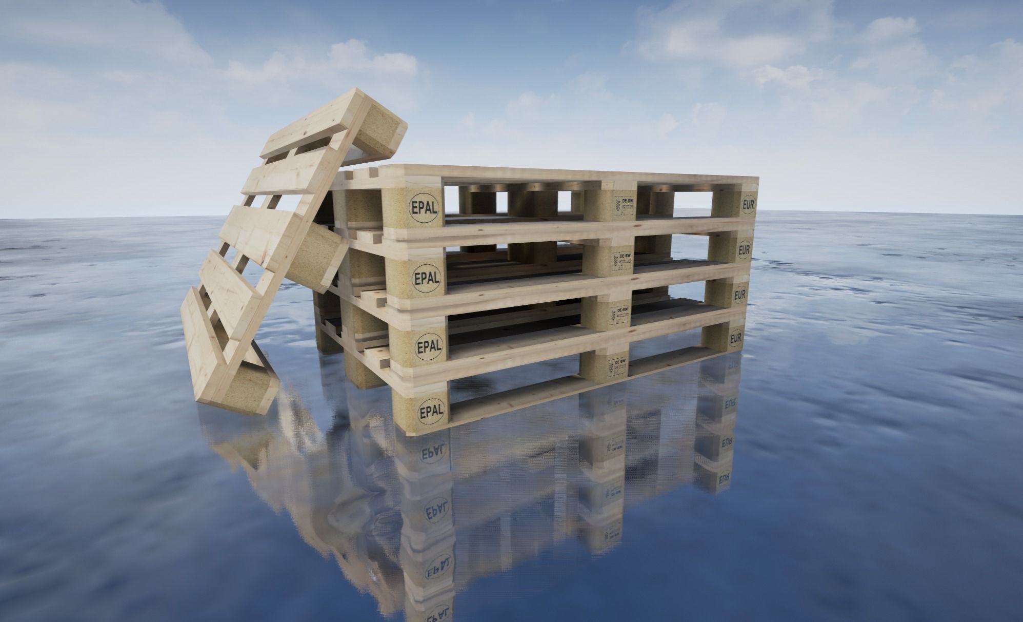 Europallet wooden pallet floating in water Low-poly 3D model_0