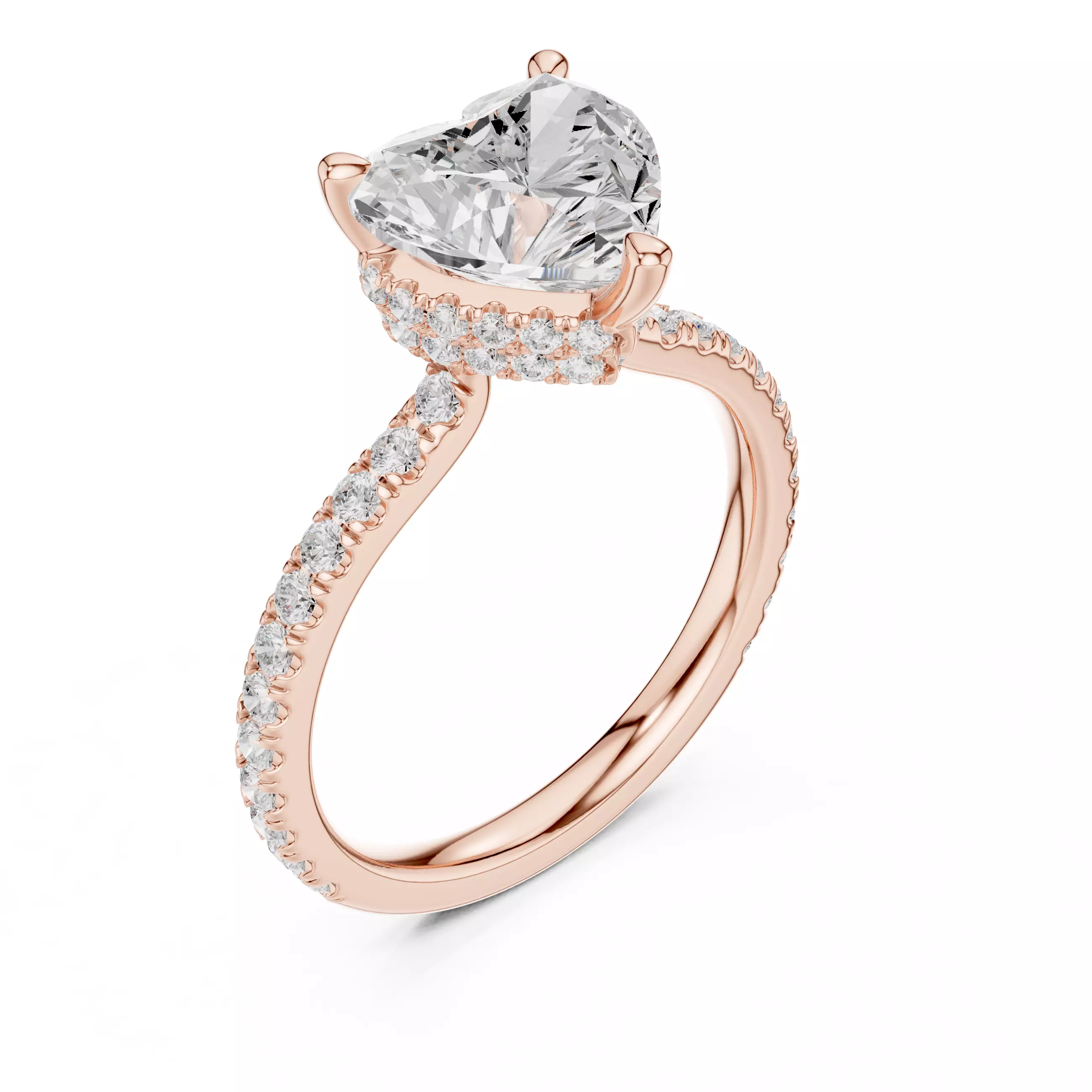 3CT Heart Cut Double Hidden Halo Pave Diamond Ring 3DM STL Video 3D print model_4