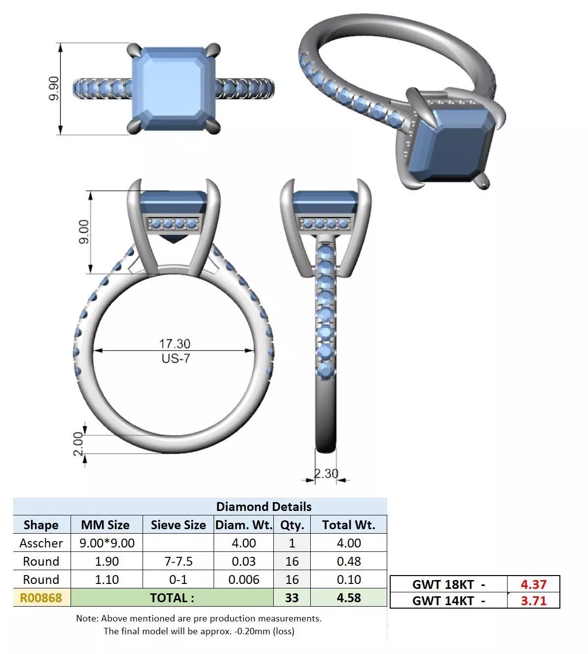 4CT Asscher Cut Hidden Halo Pave Diamond Woman Ring File Video 3D print model_15