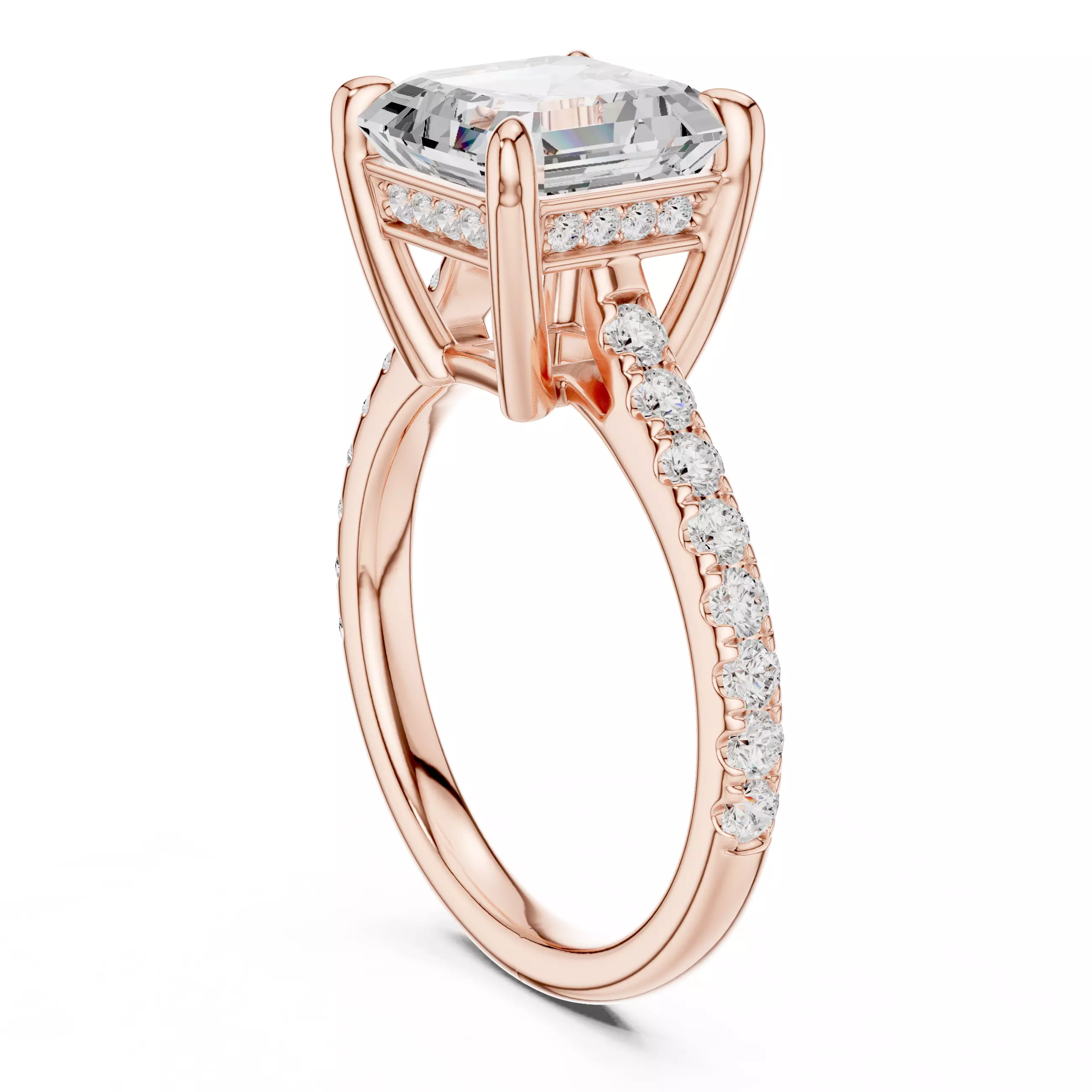 4CT Asscher Cut Hidden Halo Pave Diamond Woman Ring File Video 3D print model_3