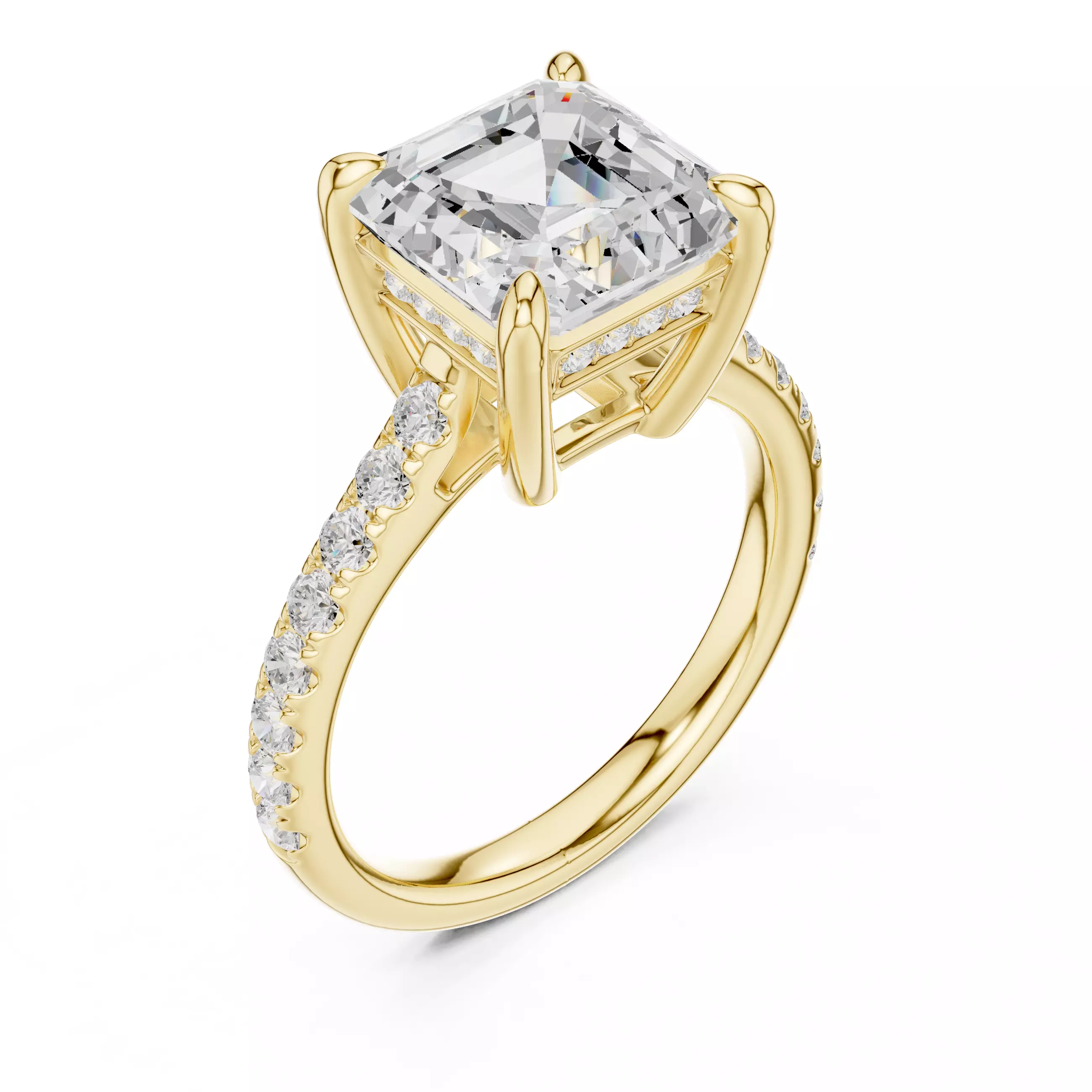4CT Asscher Cut Hidden Halo Pave Diamond Woman Ring File Video 3D print model_7