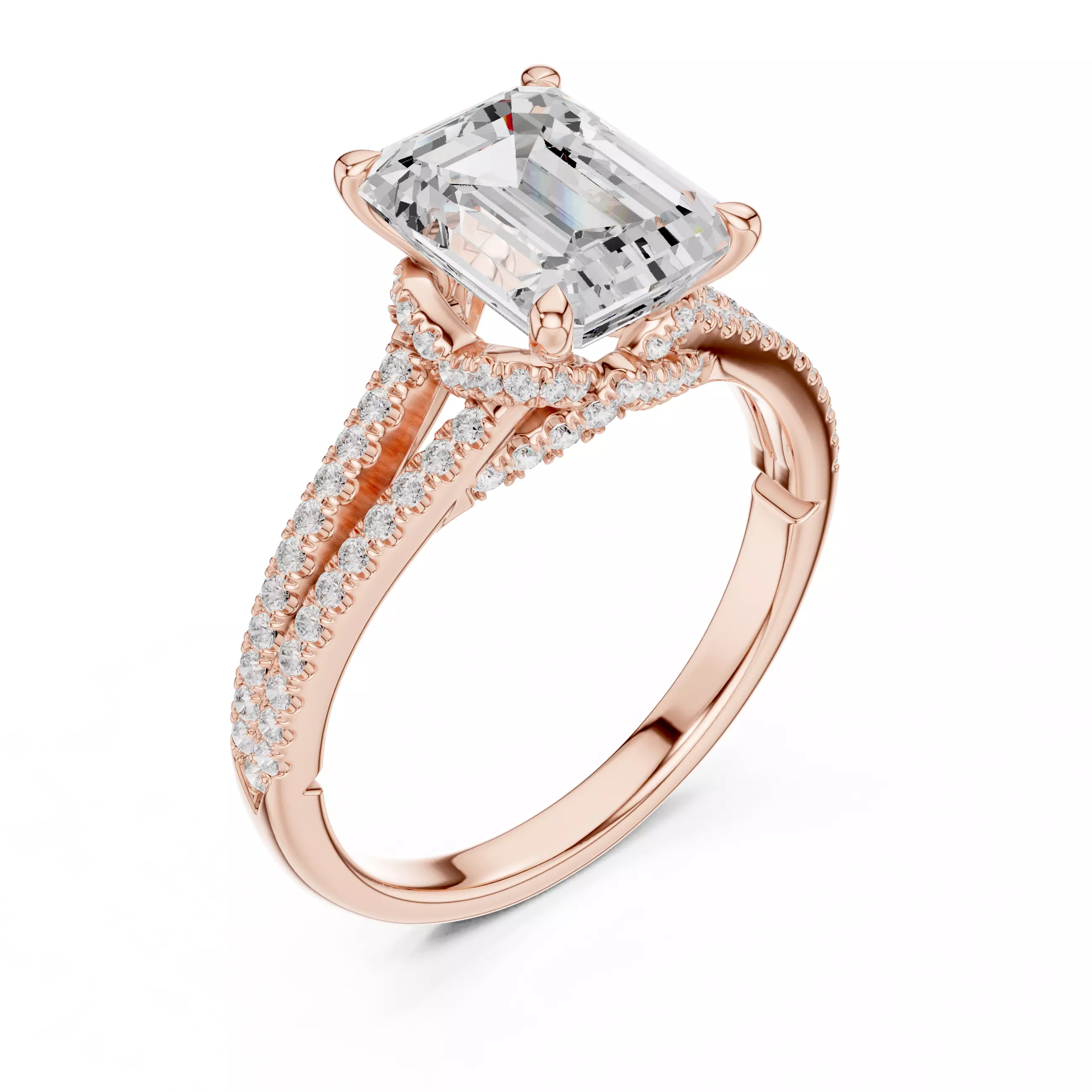 Split Shank Emerald Cut Chevron Hidden Halo Ring 3DM STL Video 3D print model_4