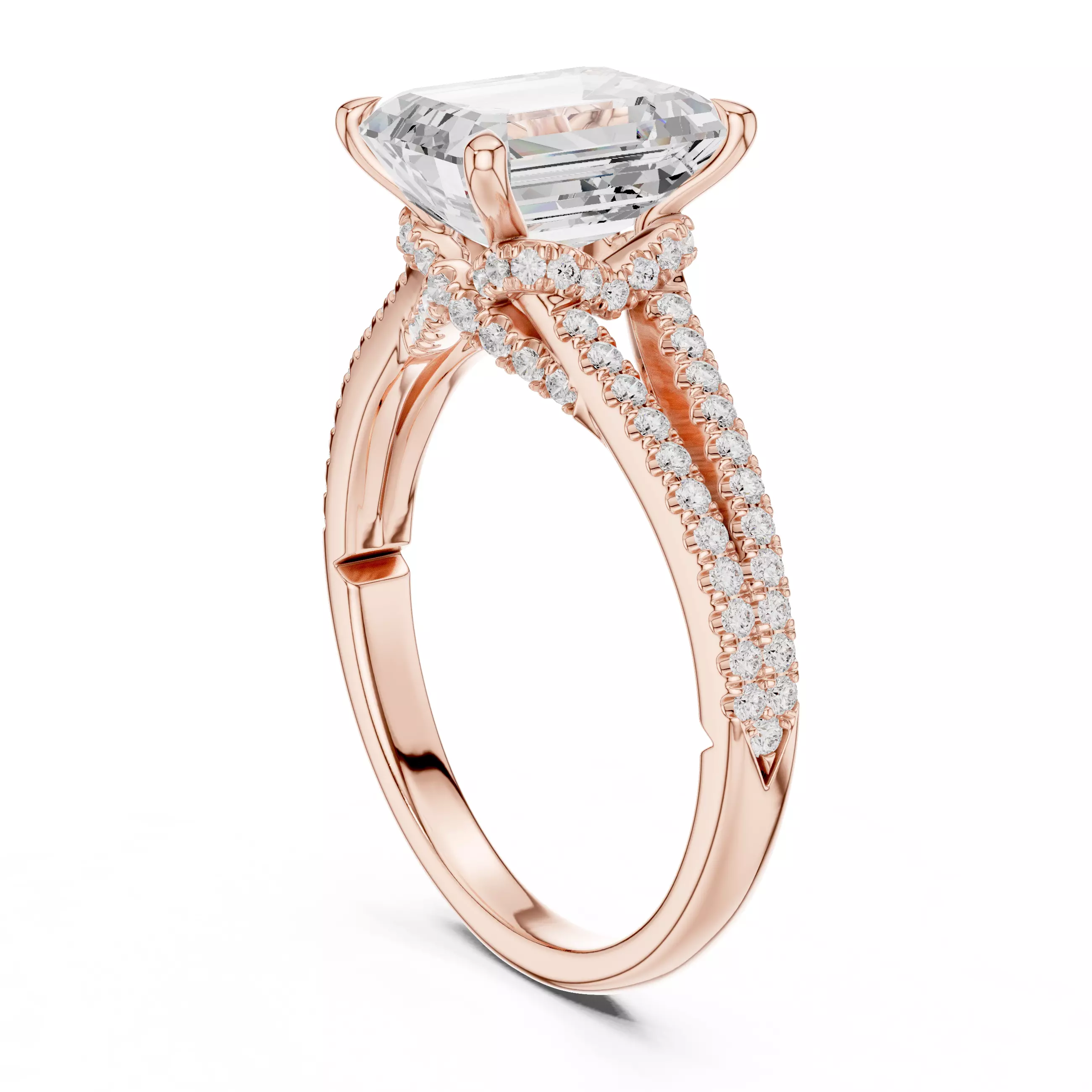 Split Shank Emerald Cut Chevron Hidden Halo Ring 3DM STL Video 3D print model_3