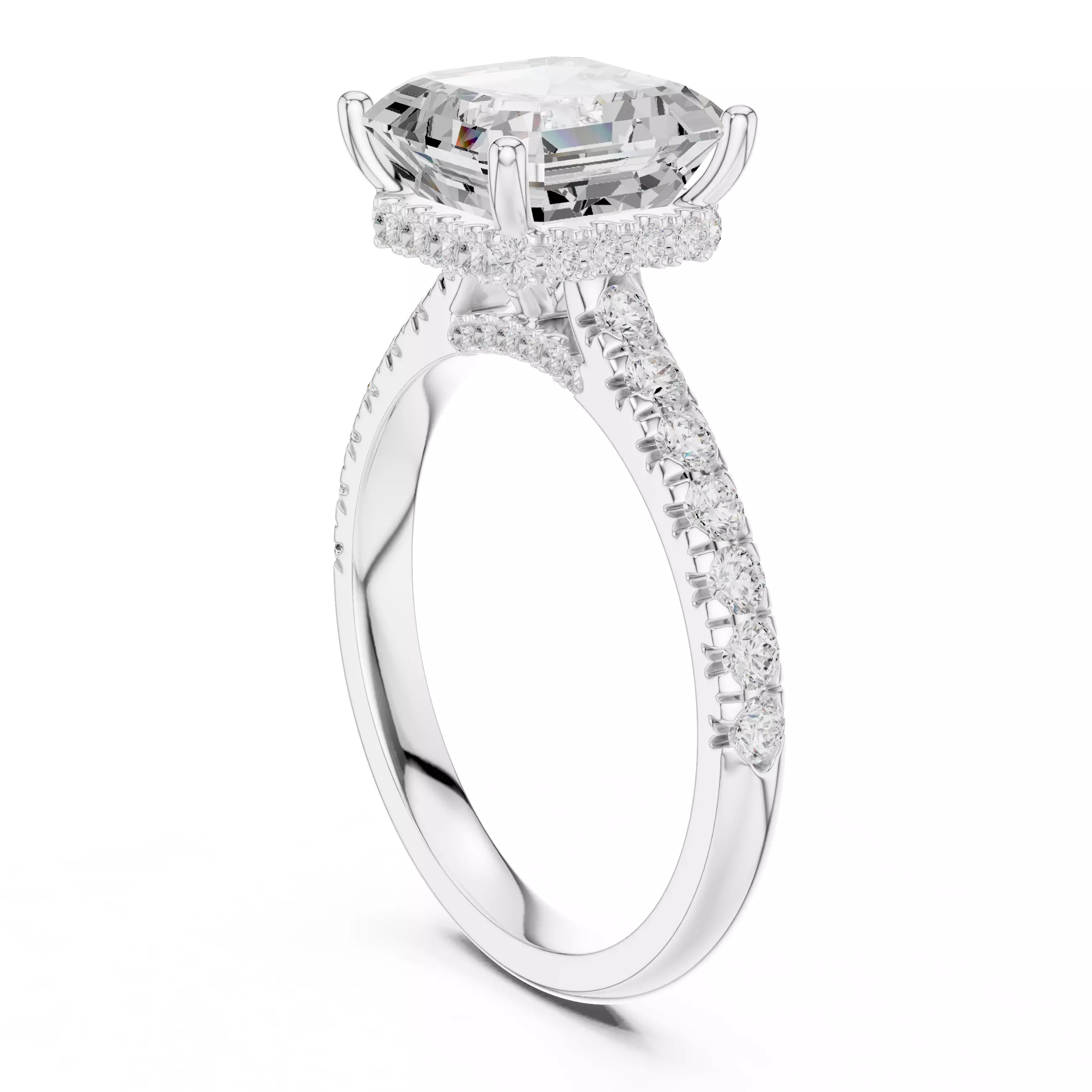 Asscher Cut Hidden Halo Pave Diamond Bridge Ring 3DM STL Video 3D print model_9