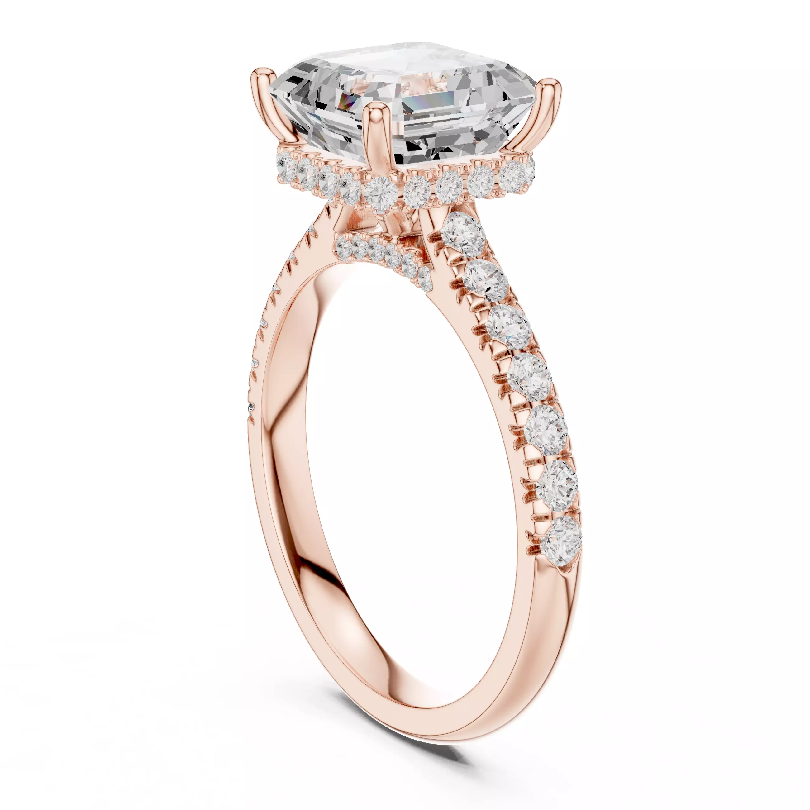 Asscher Cut Hidden Halo Pave Diamond Bridge Ring 3DM STL Video 3D print model_3