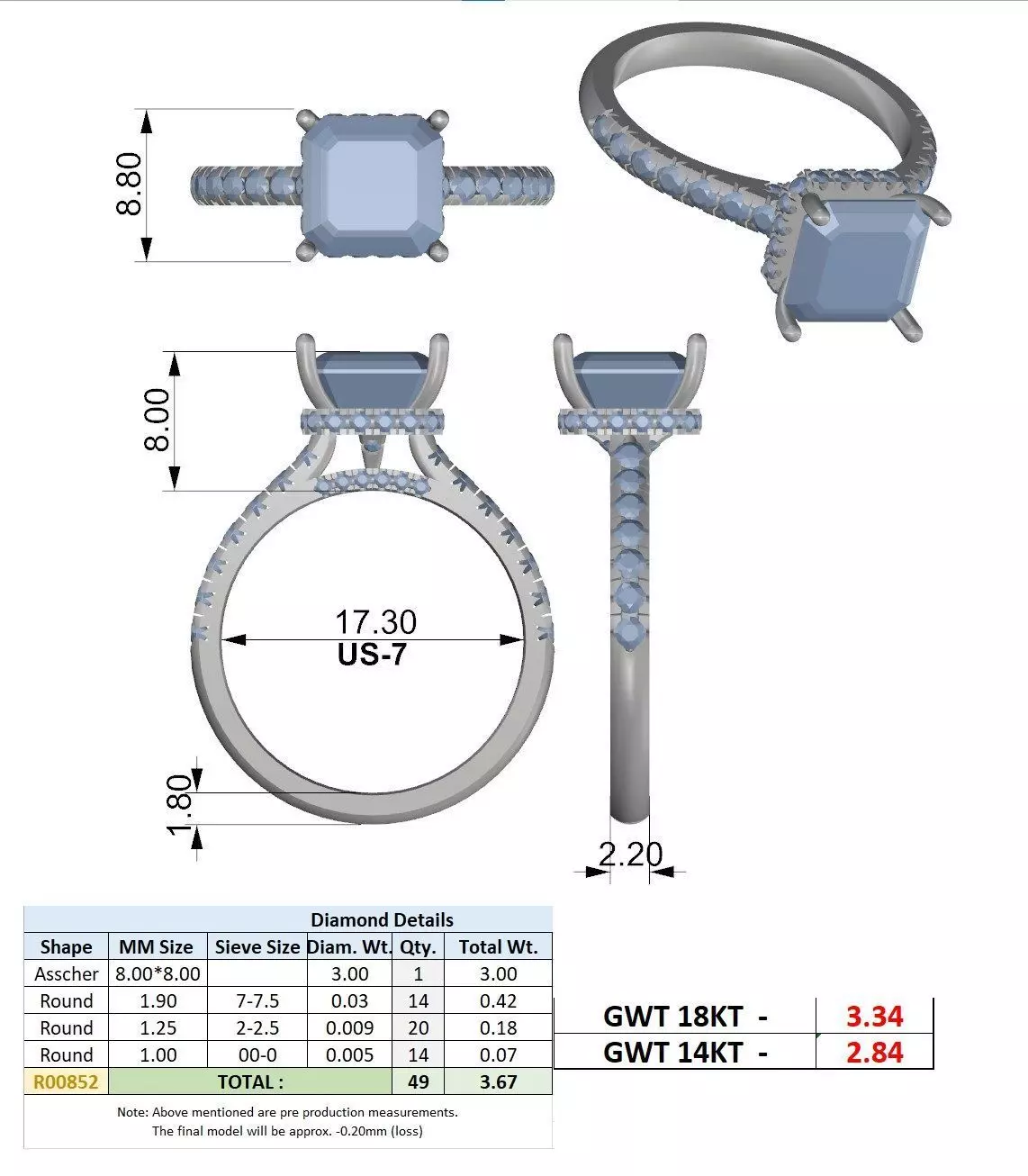 Asscher Cut Hidden Halo Pave Diamond Bridge Ring 3DM STL Video 3D print model_15