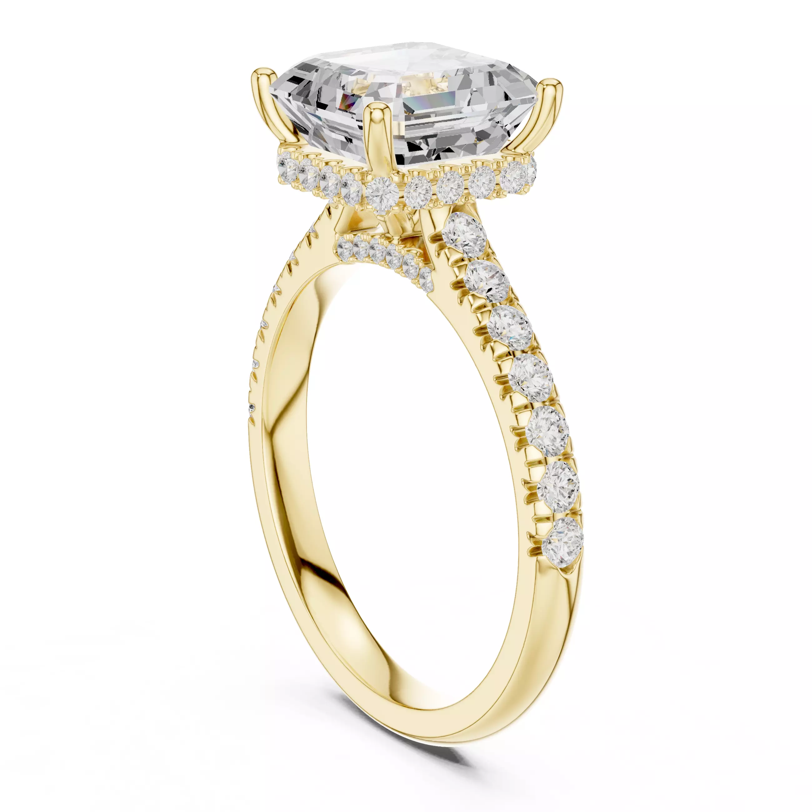 Asscher Cut Hidden Halo Pave Diamond Bridge Ring 3DM STL Video 3D print model_6