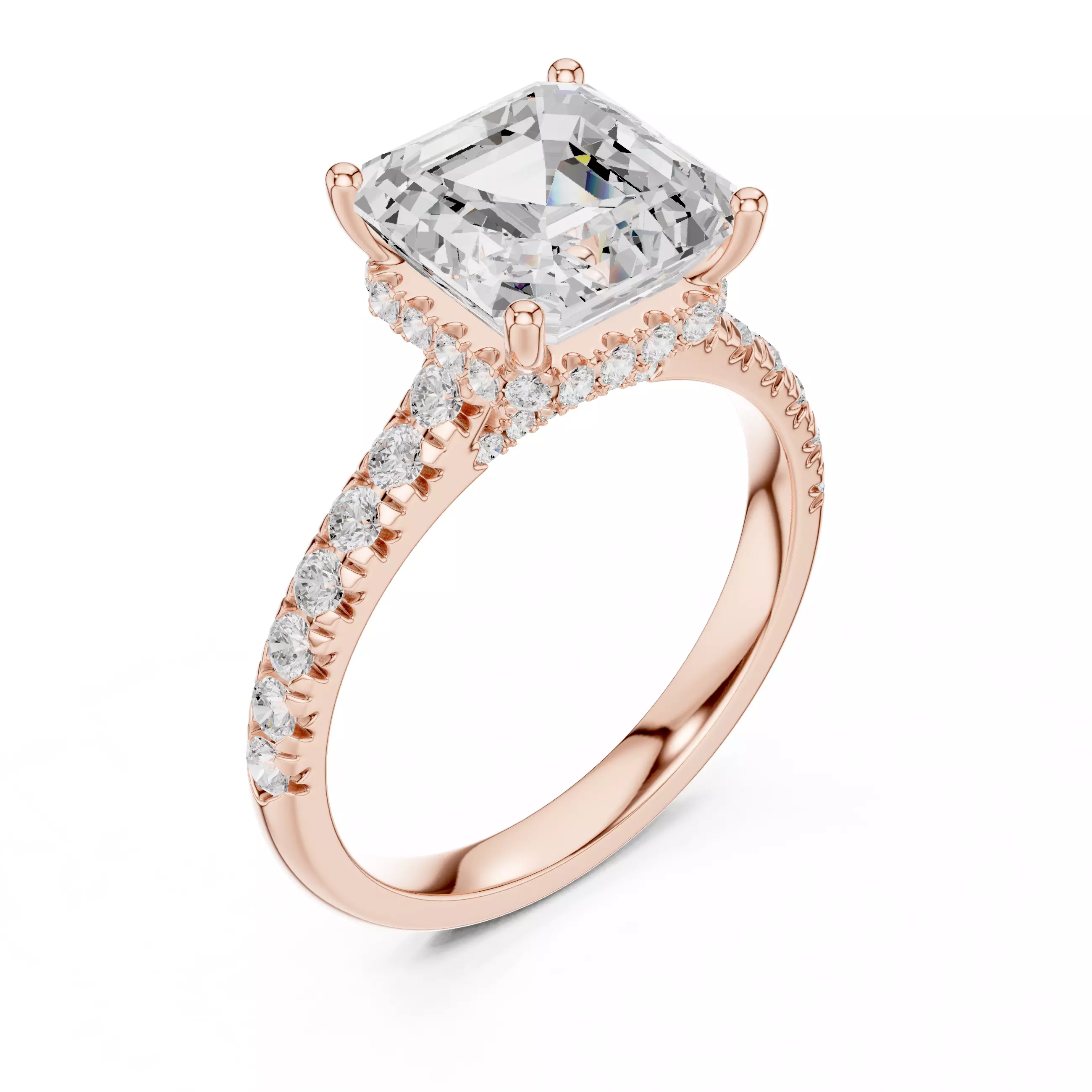 Asscher Cut Hidden Halo Pave Diamond Bridge Ring 3DM STL Video 3D print model_4