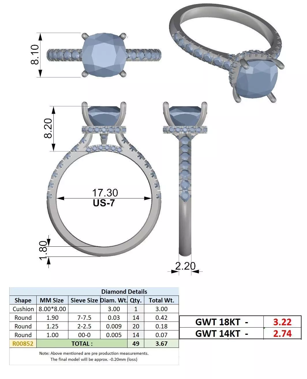 Cushion Cut Hidden Halo Pave Diamond Bridge Ring 3DM STL Video 3D print model_15