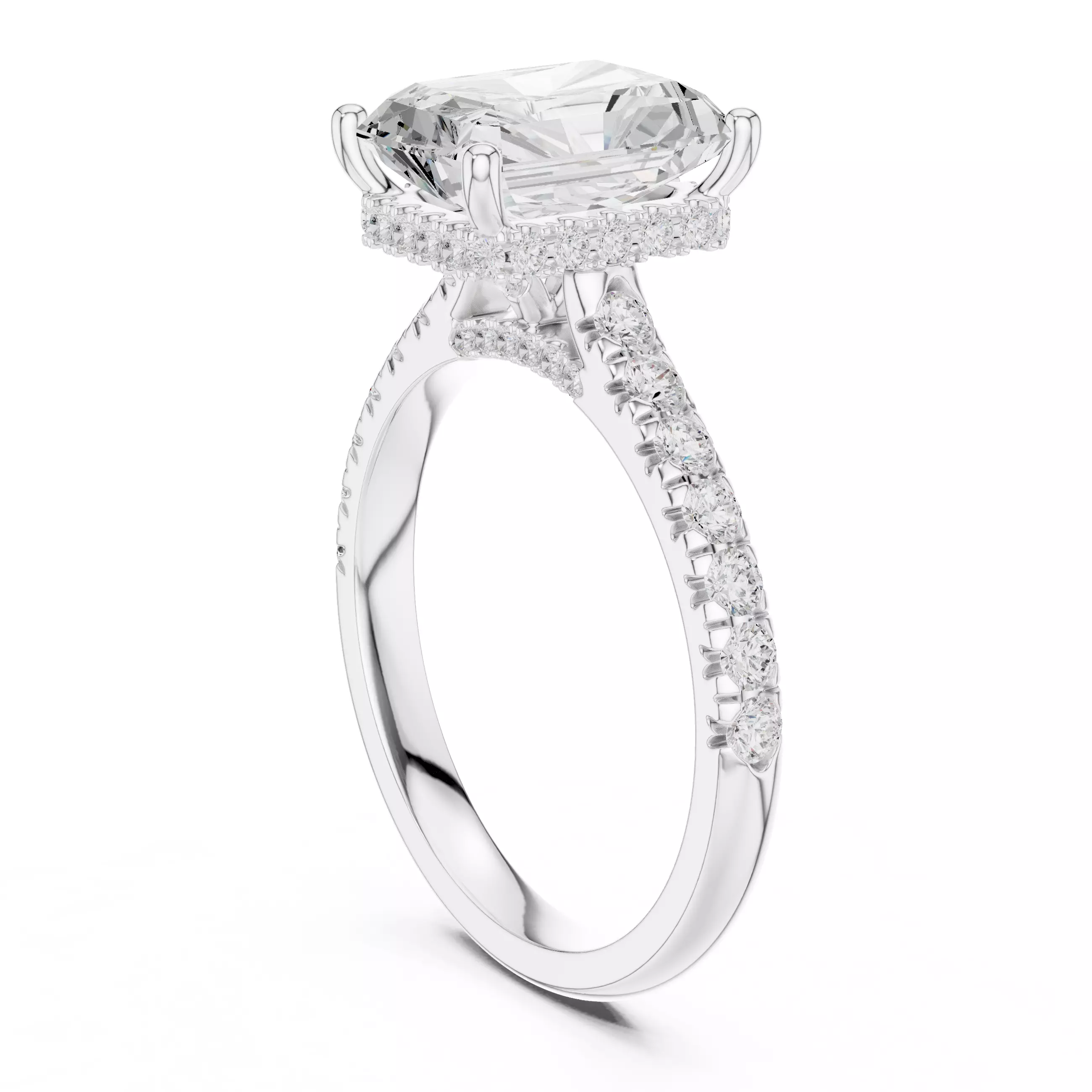 Radiant Cut Hidden Halo Pave Diamond On Bridge Ring File Video 3D print model_9