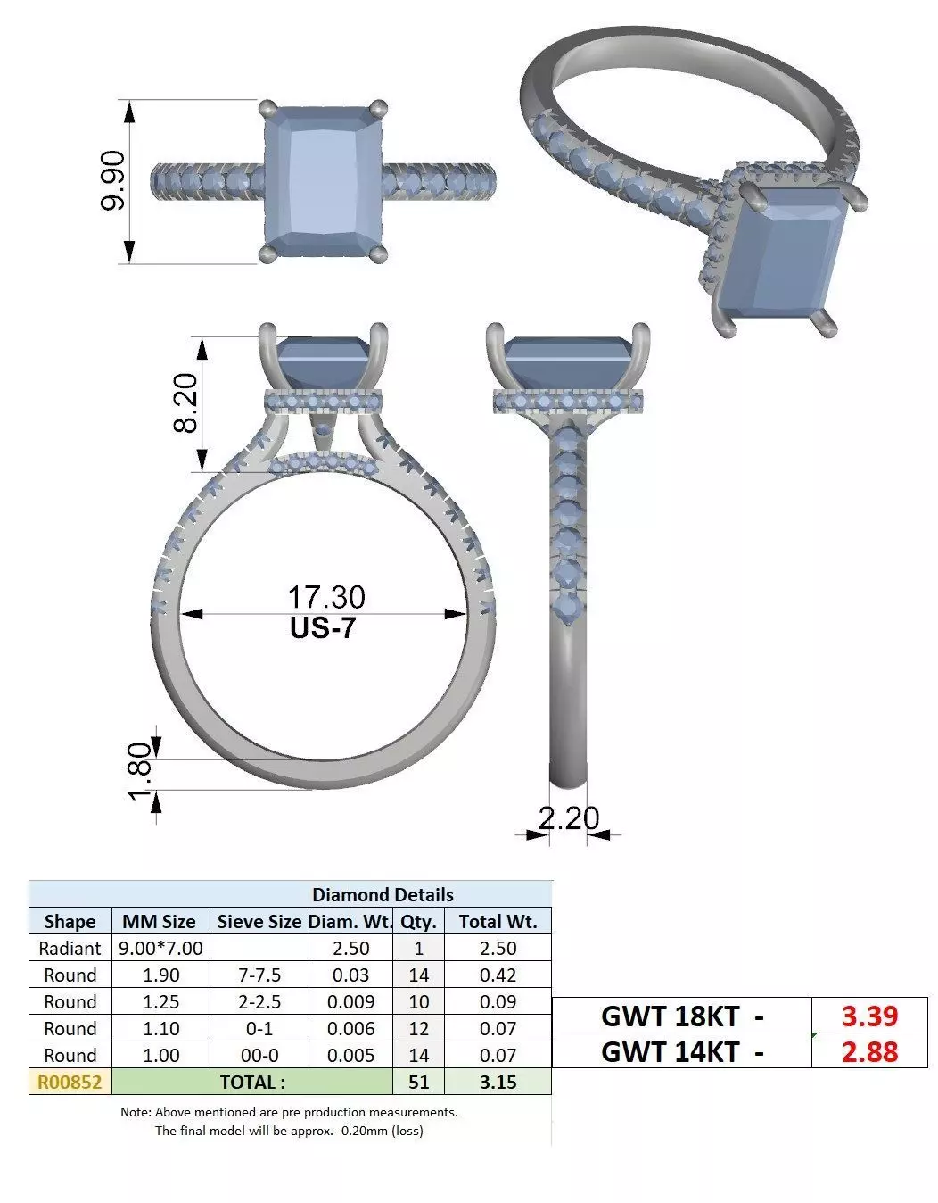Radiant Cut Hidden Halo Pave Diamond On Bridge Ring File Video 3D print model_15