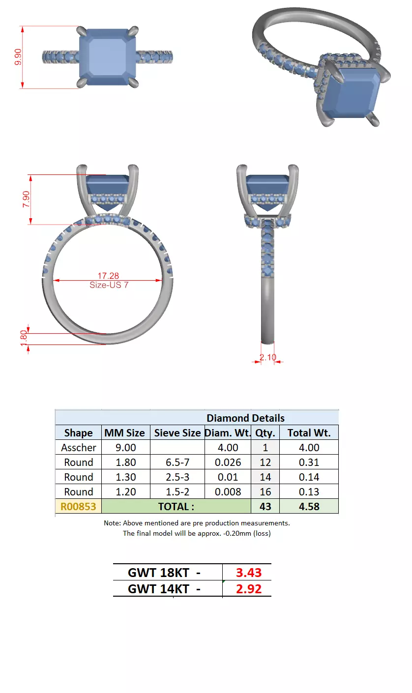 4CT Asscher Cut Double Hidden Halo Engagement Ring 3DM STL Video 3D print model_15