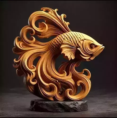 Golden Wood Carved Koi Fish Sculpture Ornate AsianInspired Art