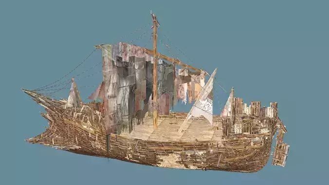 Destroyed Wooden Ship Game-Ready 3D Model Low-poly 3D model