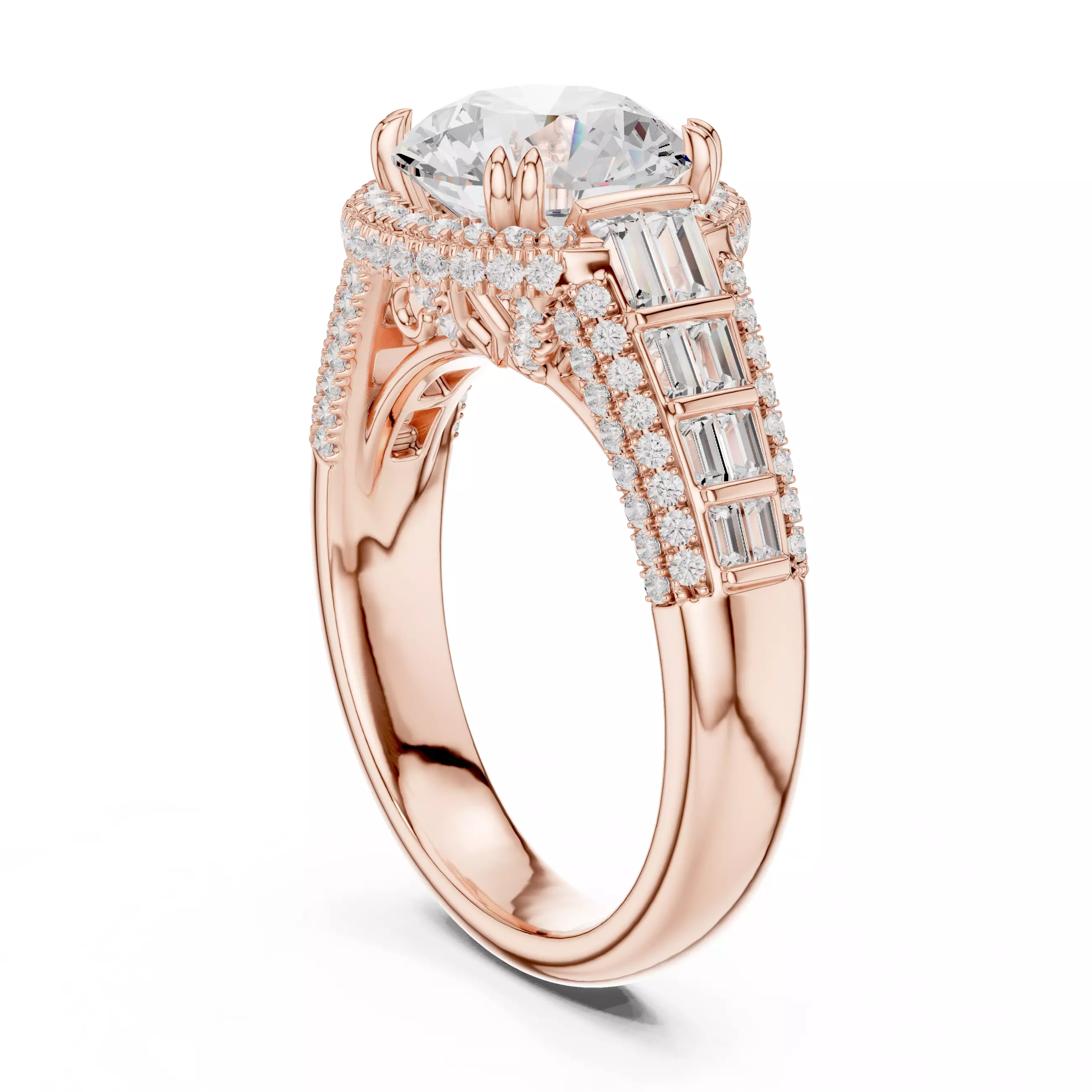 Round and Baguette Cut Diamond Wedding Ring 3DM STL Video 3D print model_3