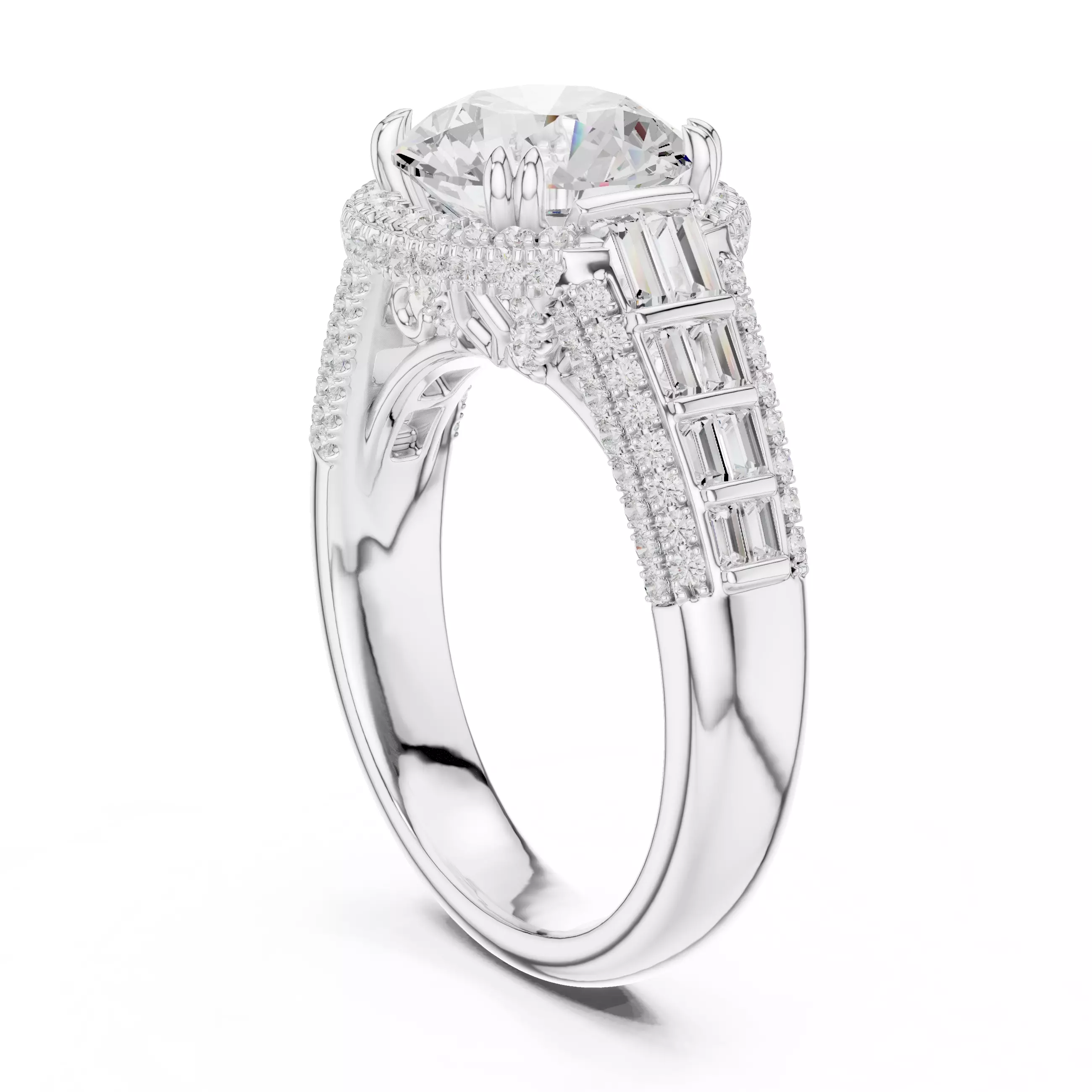 Round and Baguette Cut Diamond Wedding Ring 3DM STL Video 3D print model_9