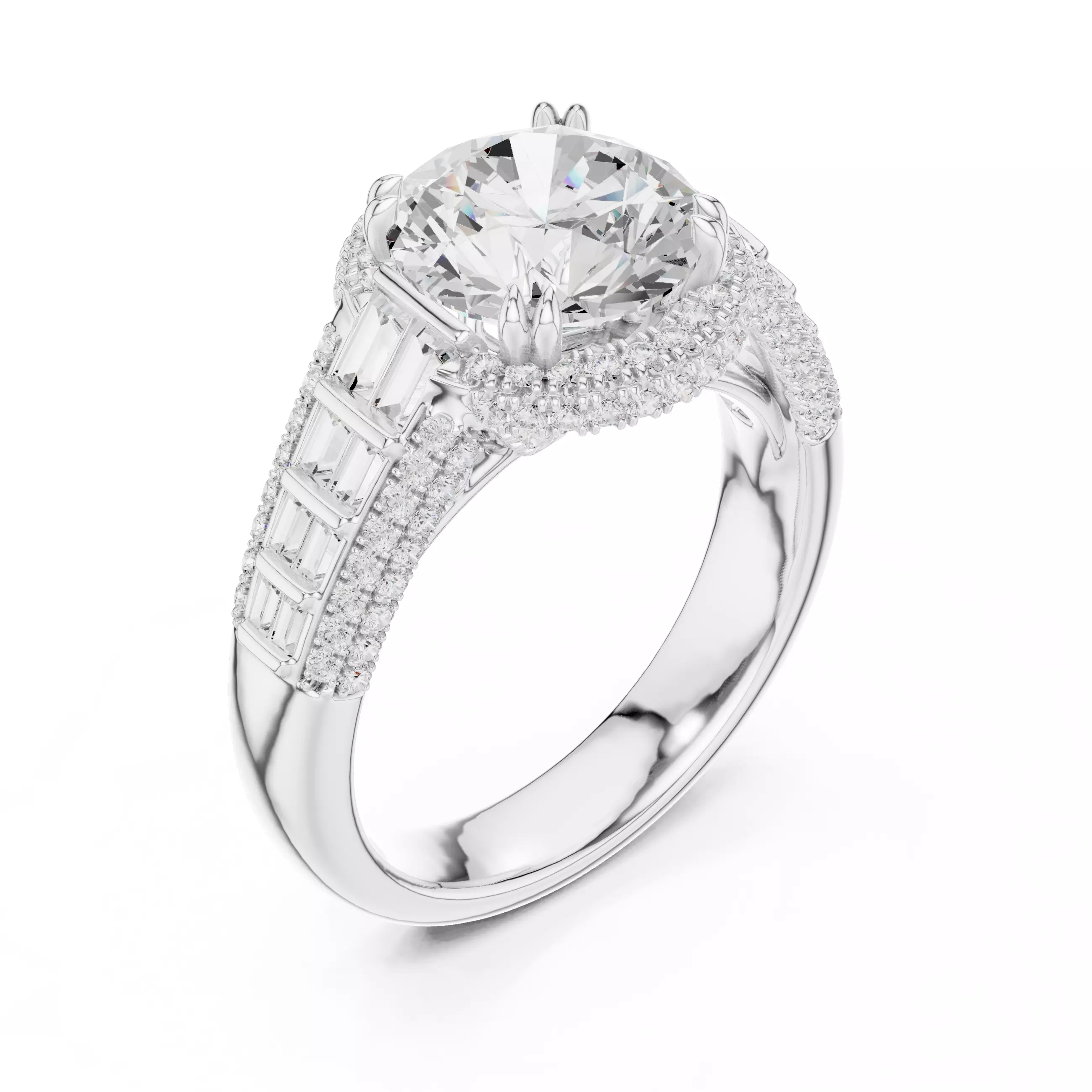 Round and Baguette Cut Diamond Wedding Ring 3DM STL Video 3D print model_10