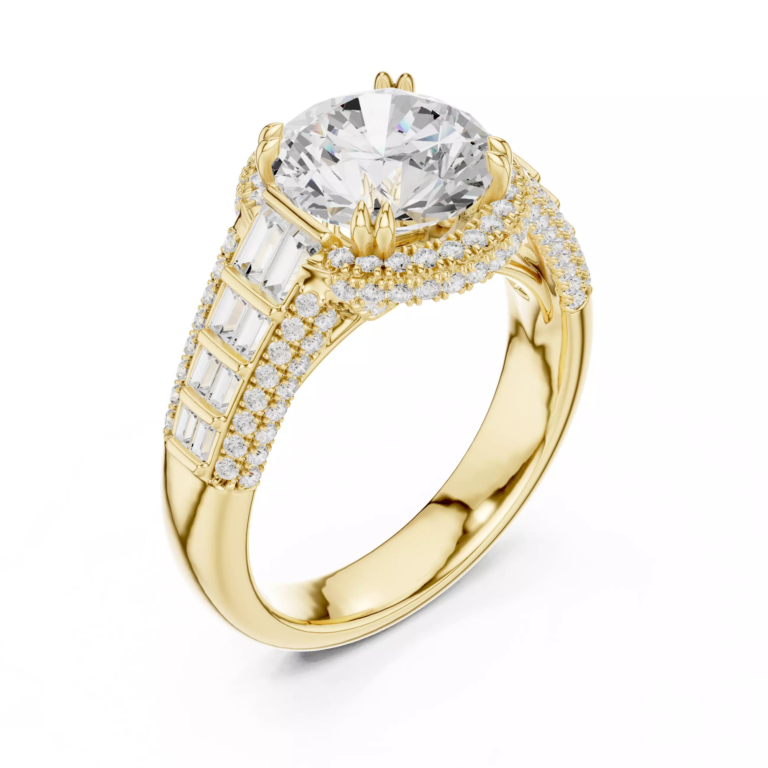 Round and Baguette Cut Diamond Wedding Ring 3DM STL Video 3D print model_7