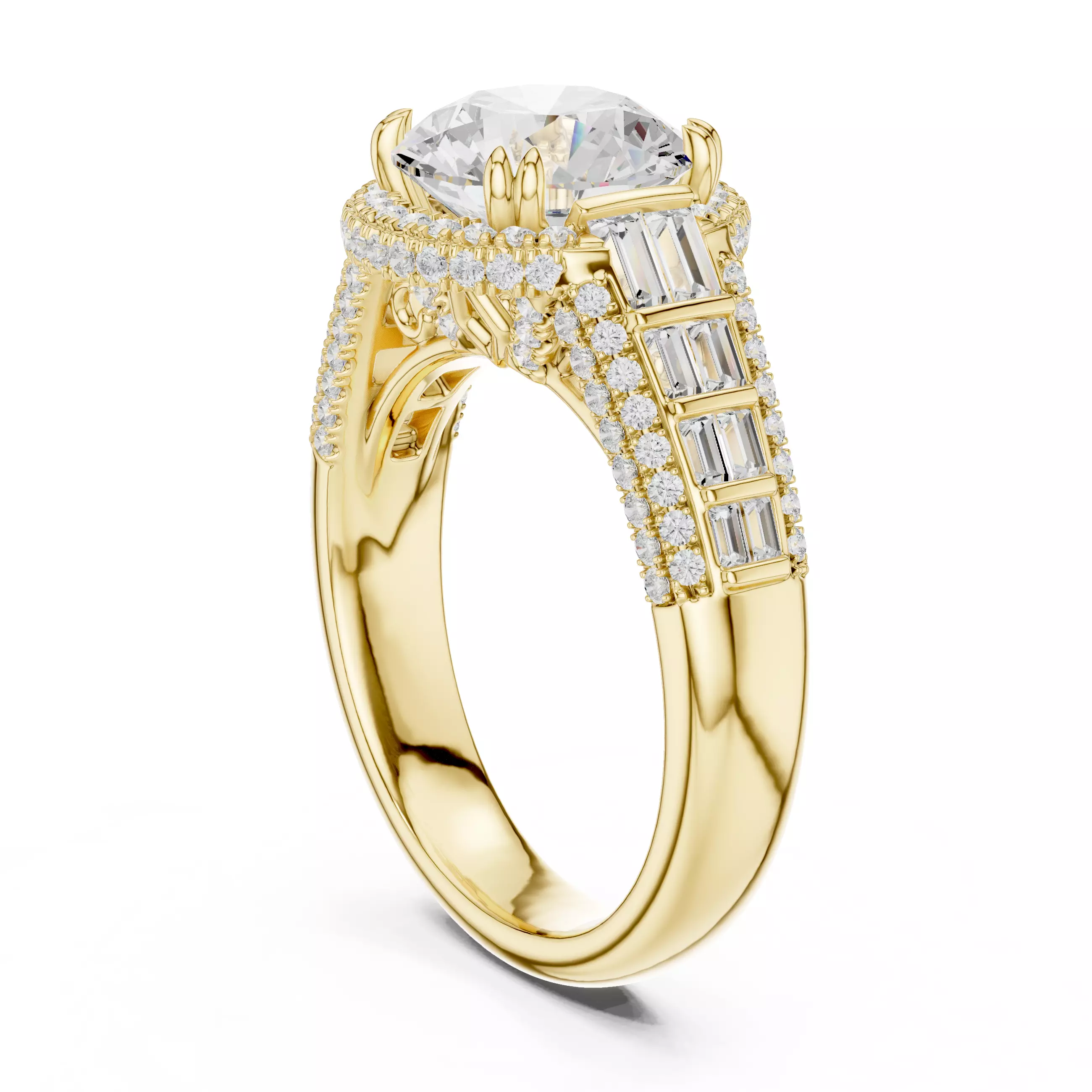 Round and Baguette Cut Diamond Wedding Ring 3DM STL Video 3D print model_6