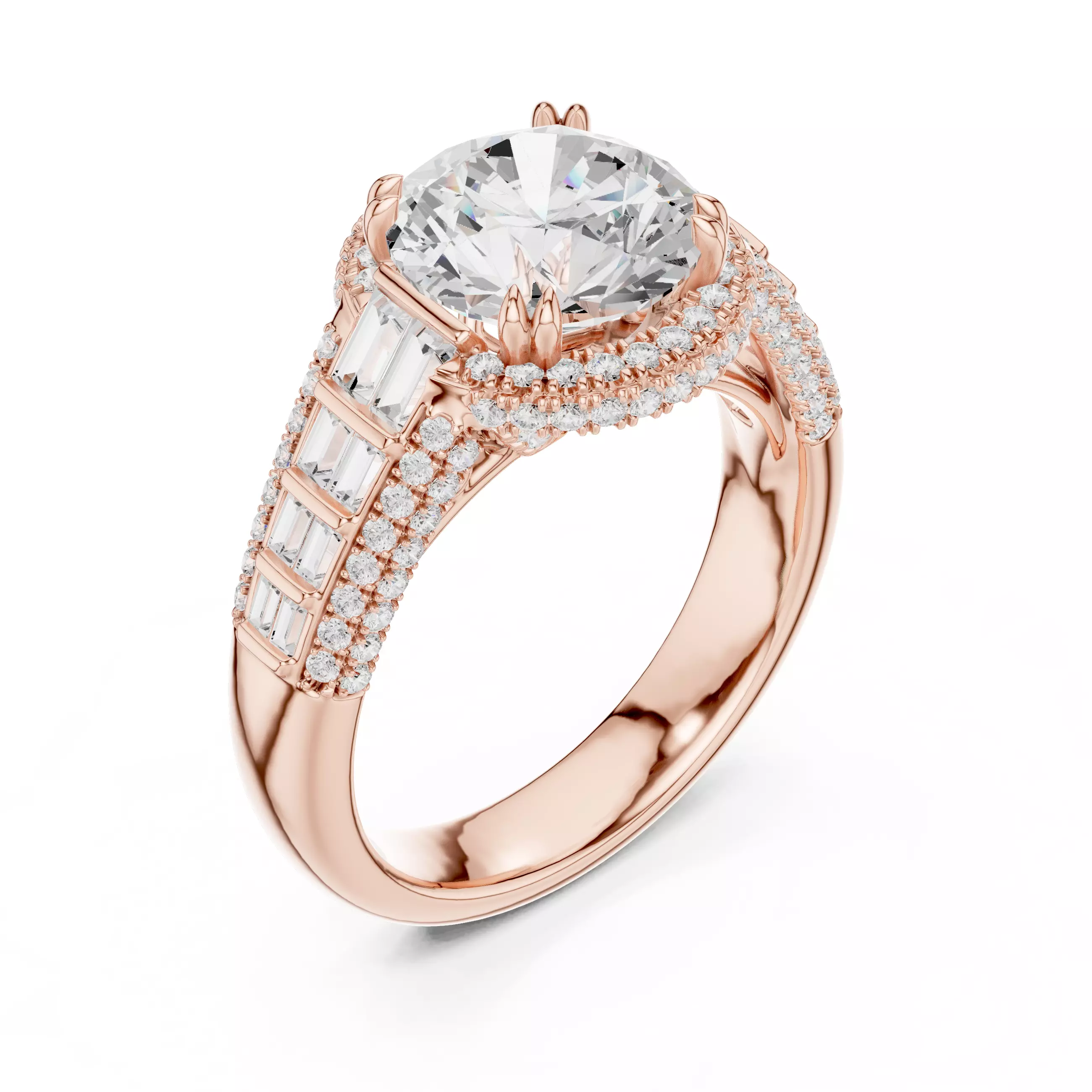 Round and Baguette Cut Diamond Wedding Ring 3DM STL Video 3D print model_4