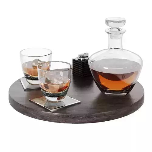 N13 Whiskey Decanter Set on Wooden Tray  Realistic Glassware 