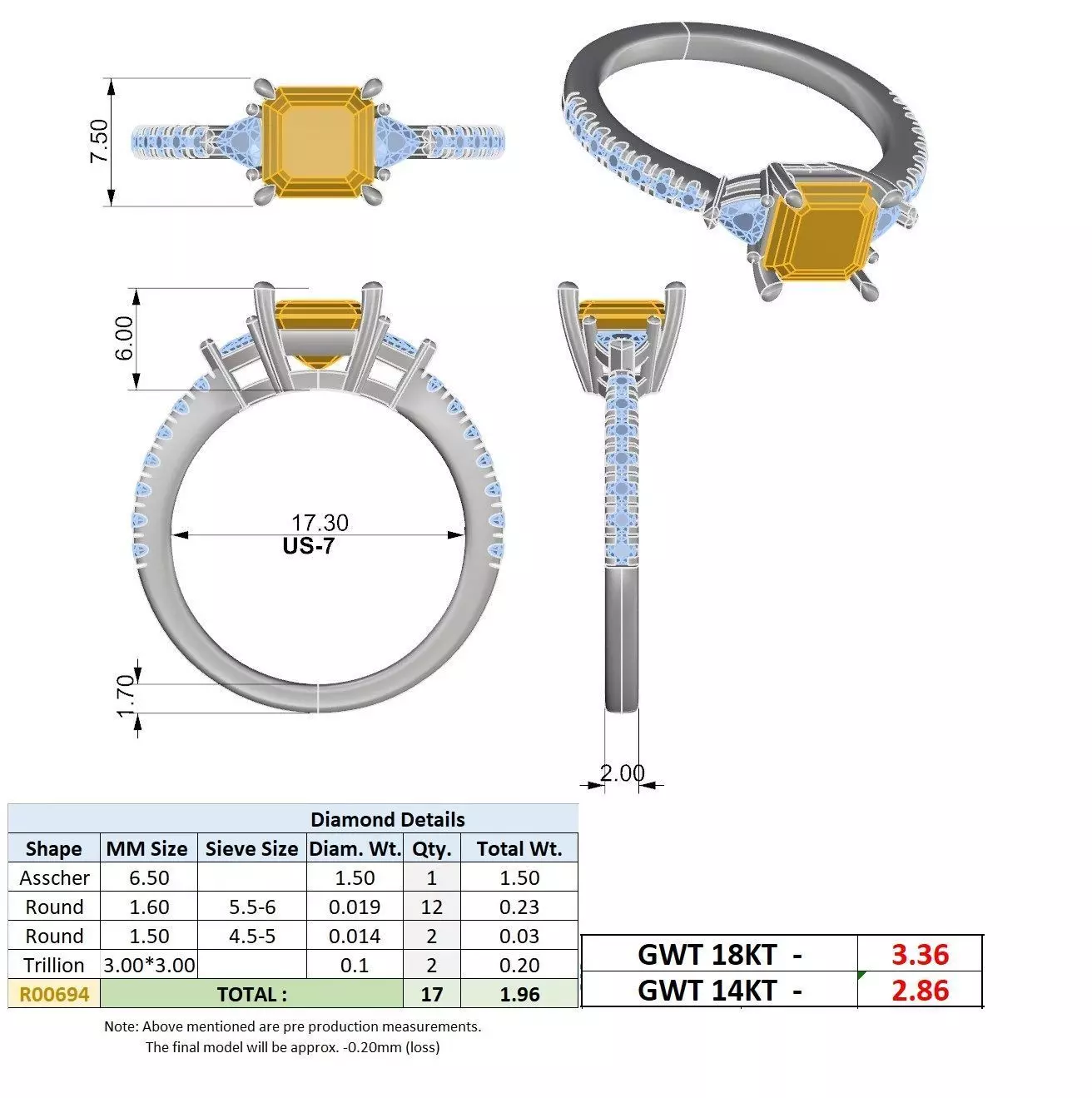 Asscher and Trillion Cut Diamond Round Pave Ring 3DM STL Video 3D print model_15