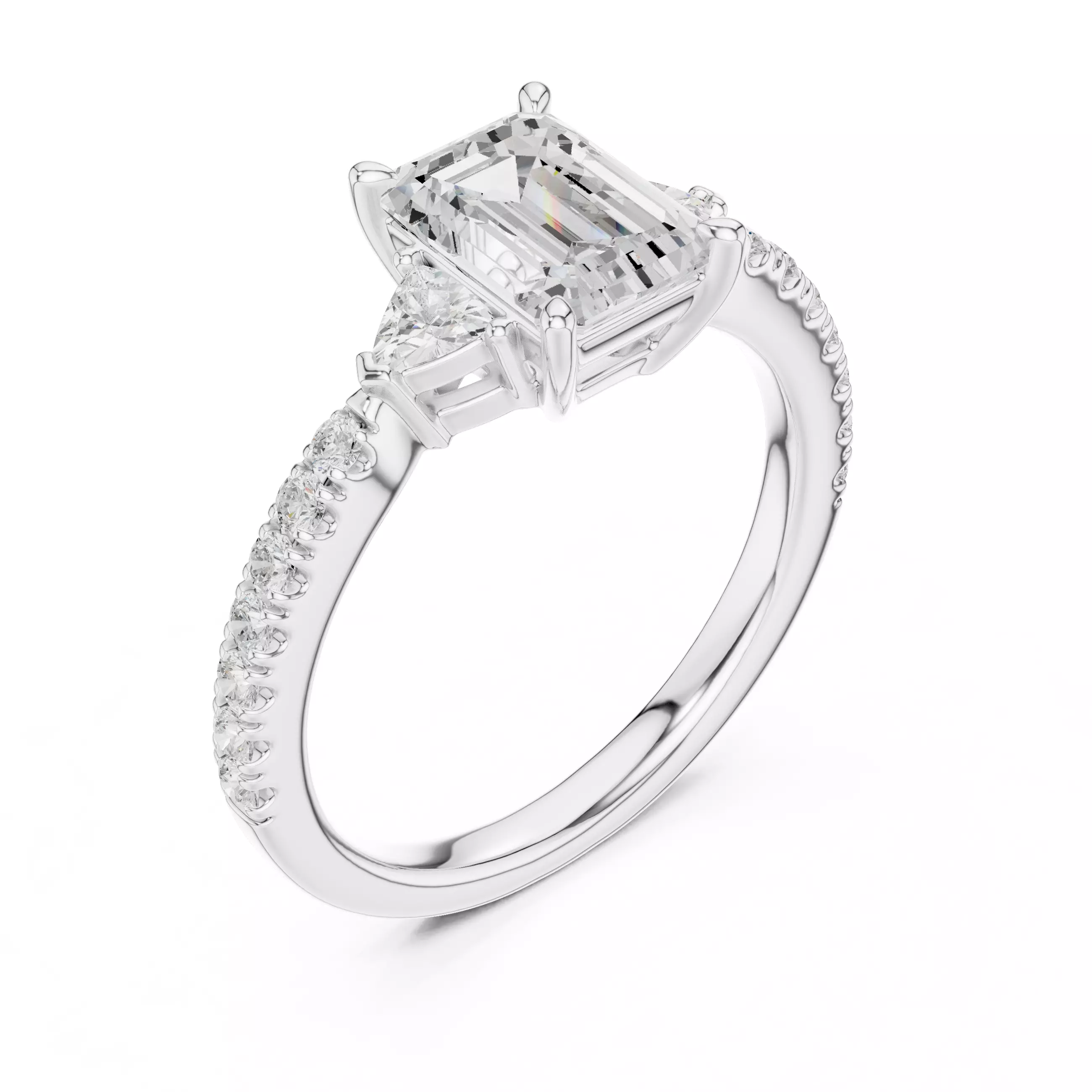 Emerald and Trillion Diamond Round Cut Pave Ring 3DM STL Video 3D print model_10