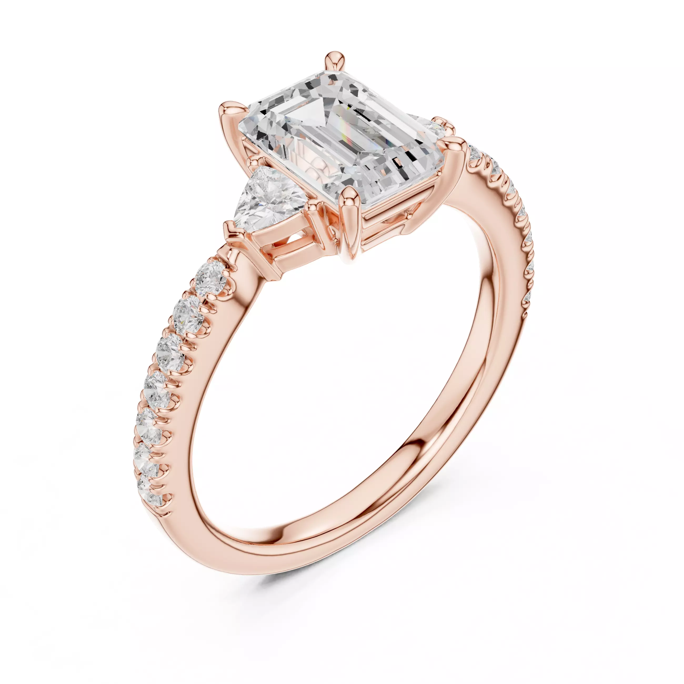 Emerald and Trillion Diamond Round Cut Pave Ring 3DM STL Video 3D print model_4