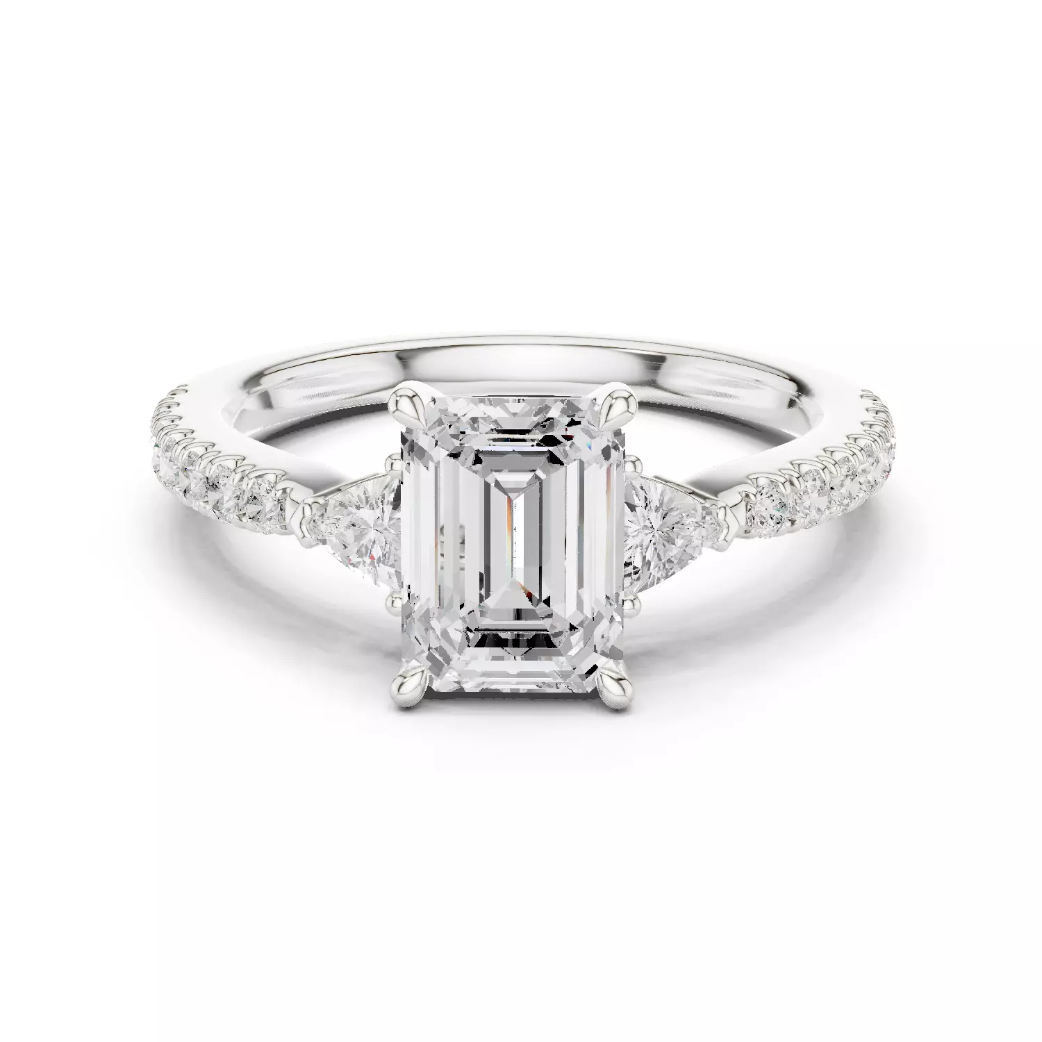 Emerald and Trillion Diamond Round Cut Pave Ring 3DM STL Video 3D print model_14