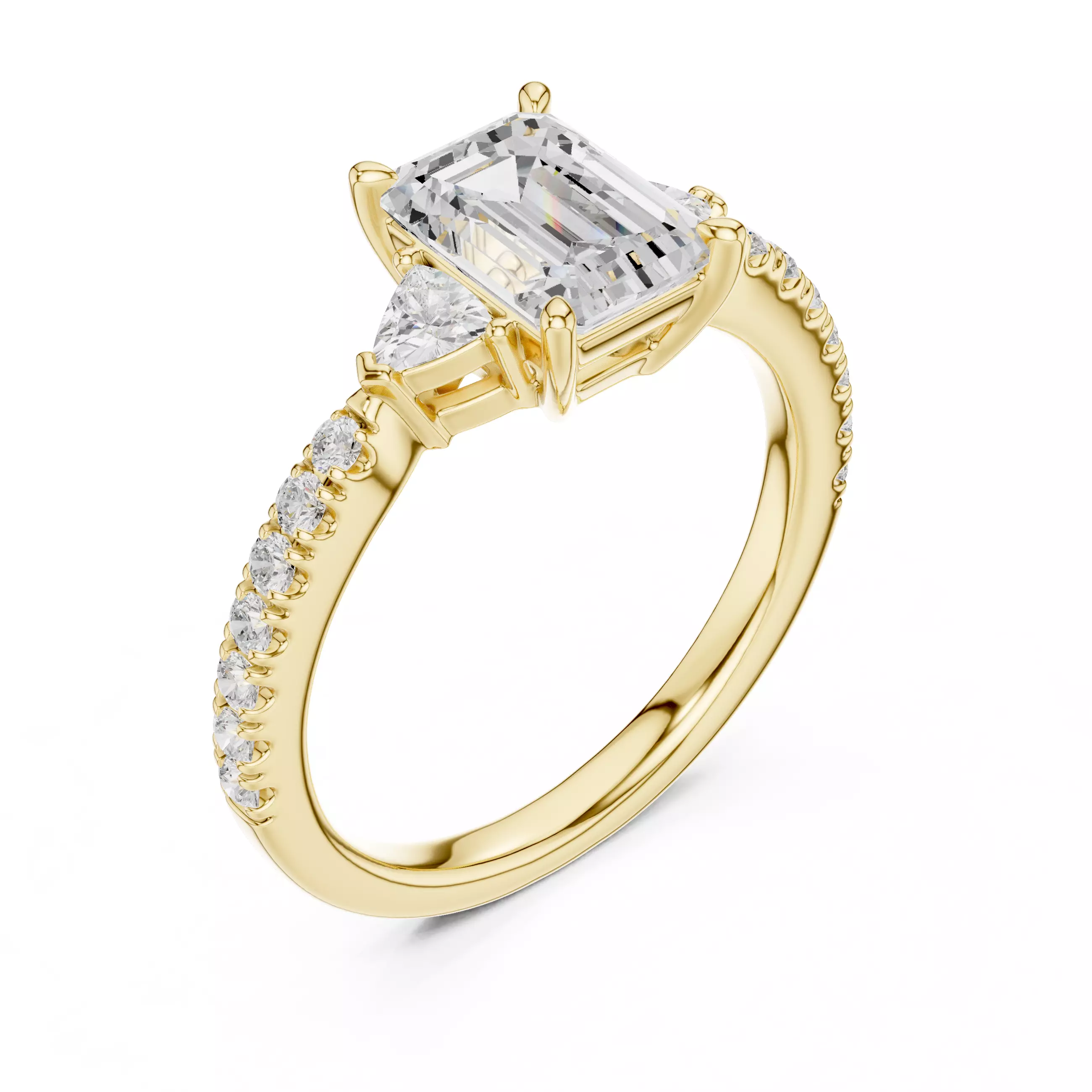 Emerald and Trillion Diamond Round Cut Pave Ring 3DM STL Video 3D print model_7