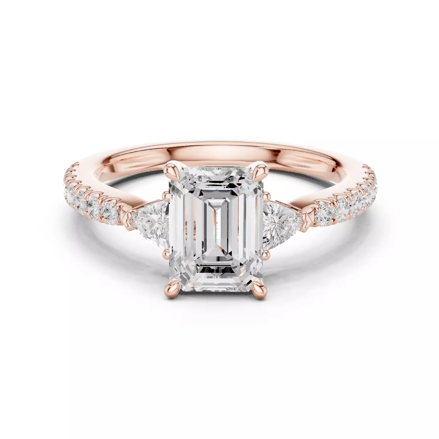 Emerald and Trillion Diamond Round Cut Pave Ring 3DM STL Video 3D print model_12