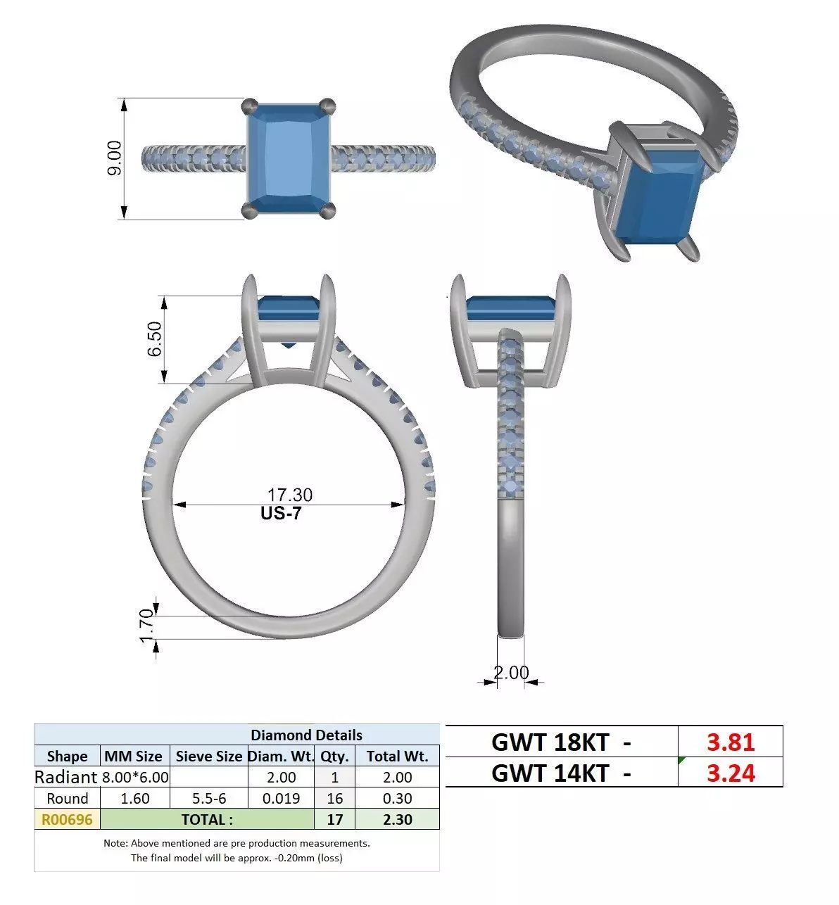 2CT Radiant Cut Diamond Engagement Wedding Ring 3DM STL Video 3D print model_15