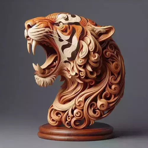 Roaring Tiger Head Sculpture Wooden Carving Swirling Patterns Low-poly 3D model Roaring Tiger Head Sculpture Wooden Carving Swirling Patterns Low-poly 3D model