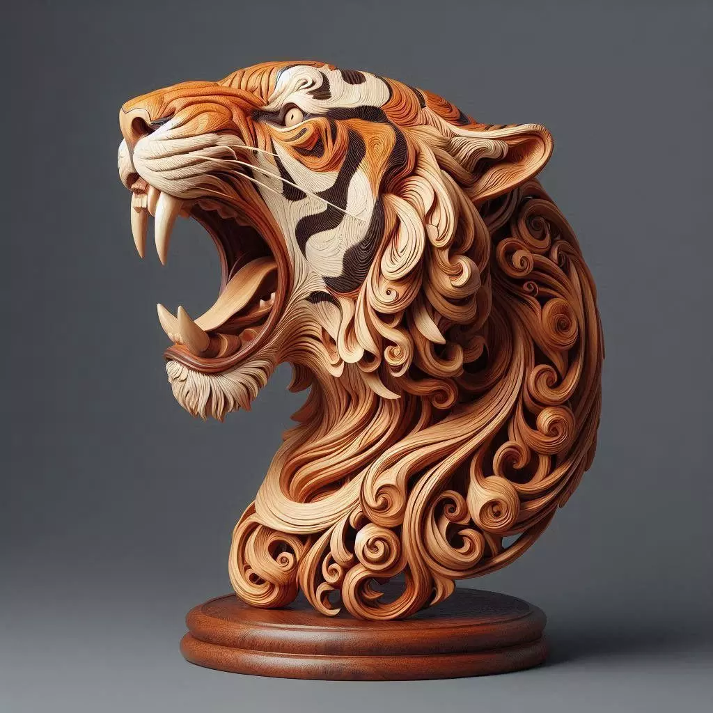 Roaring Tiger Head Sculpture Wooden Carving Swirling Patterns Low-poly 3D model_0