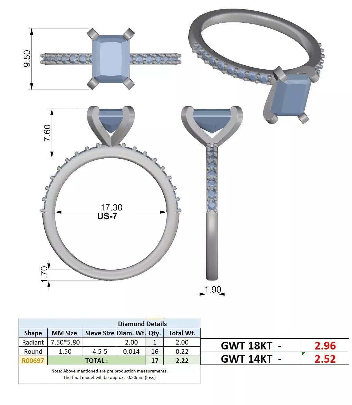2CT Radiant Cut Diamond Engagement Wedding Ring 3DM STL Video 3D print model_15