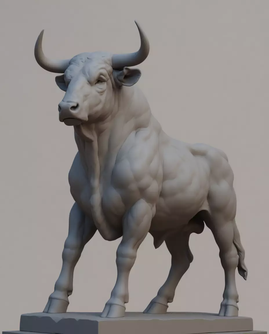 Marble Bull Sculpture Realistic Animal Statue Powerful Low-poly 3D model_7
