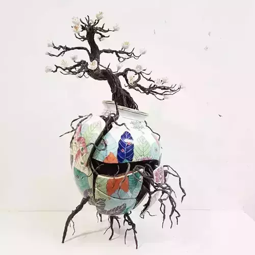 Cracked Porcelain Vase Blossoming Tree Surreal Art Sculpture Low-poly 3D model