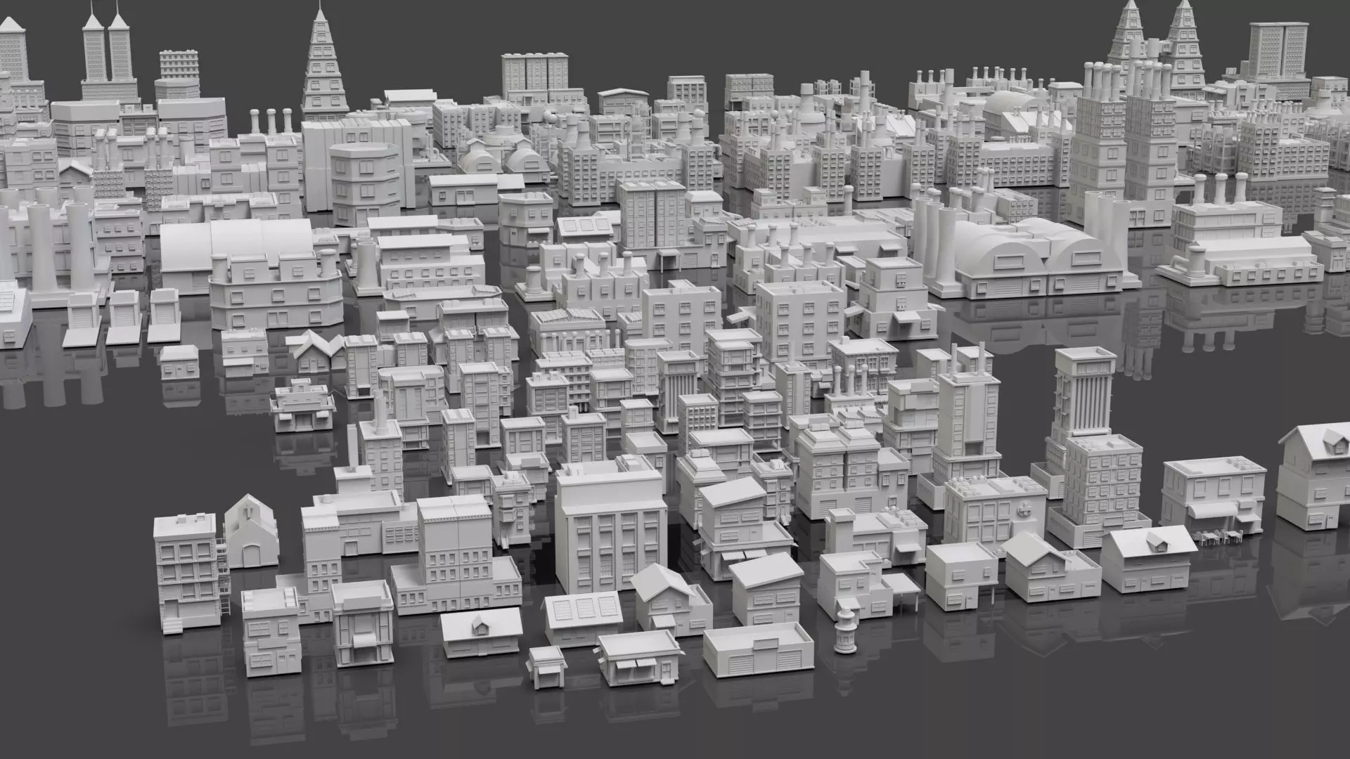 Low Poly City Buildings Pack Of 240 - Game Ready - Untextured  Low-poly 3D model_8