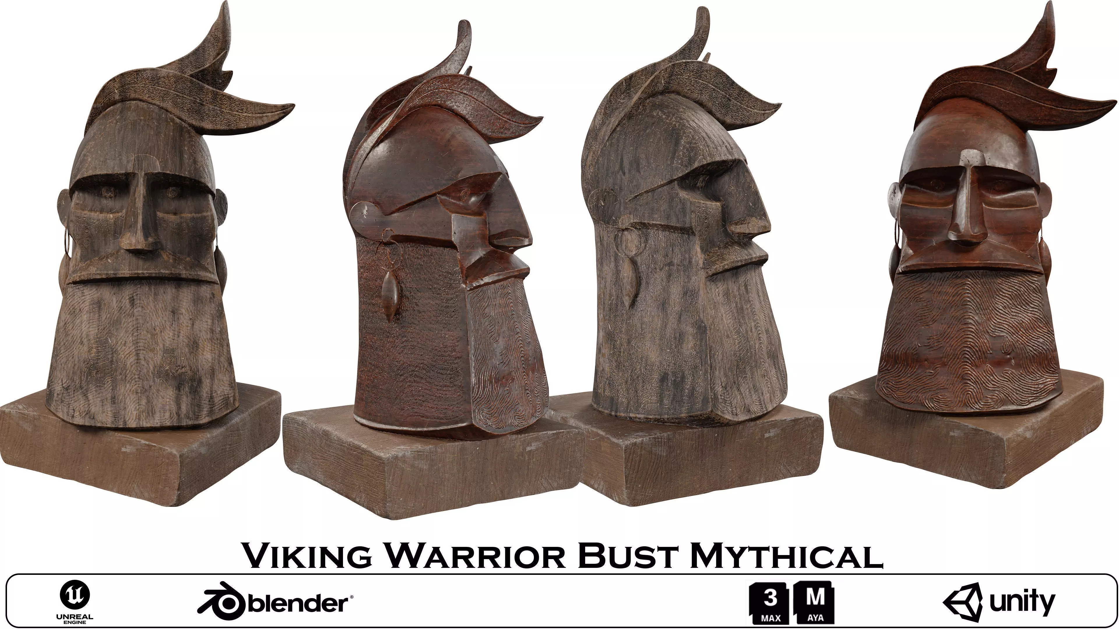 Wooden Viking Warrior Bust Mythical Low-poly 3D model