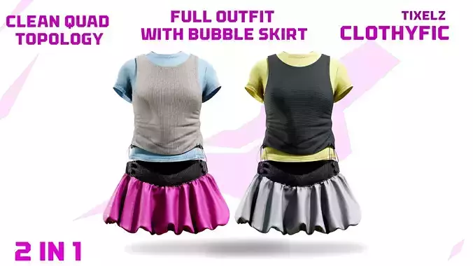 Bubble Skirt- tshirt - knit vest - clothyfic full-outfit