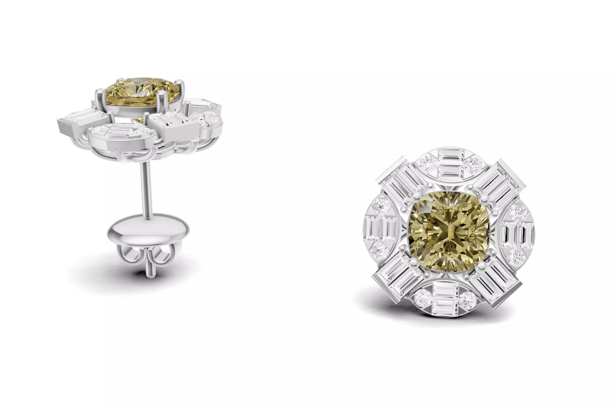 Cushion Colour Stone Stud with Baguette and Round Diamond 3D print model