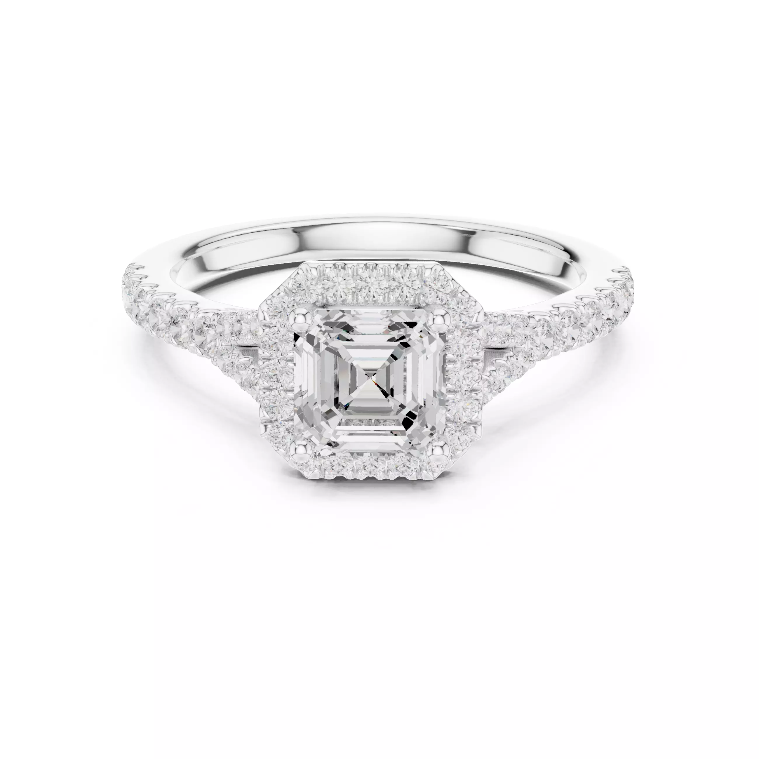 1CT Asscher Cut Halo Round Pave Shank Wedding Ring 3DM STL Video 3D print model_2