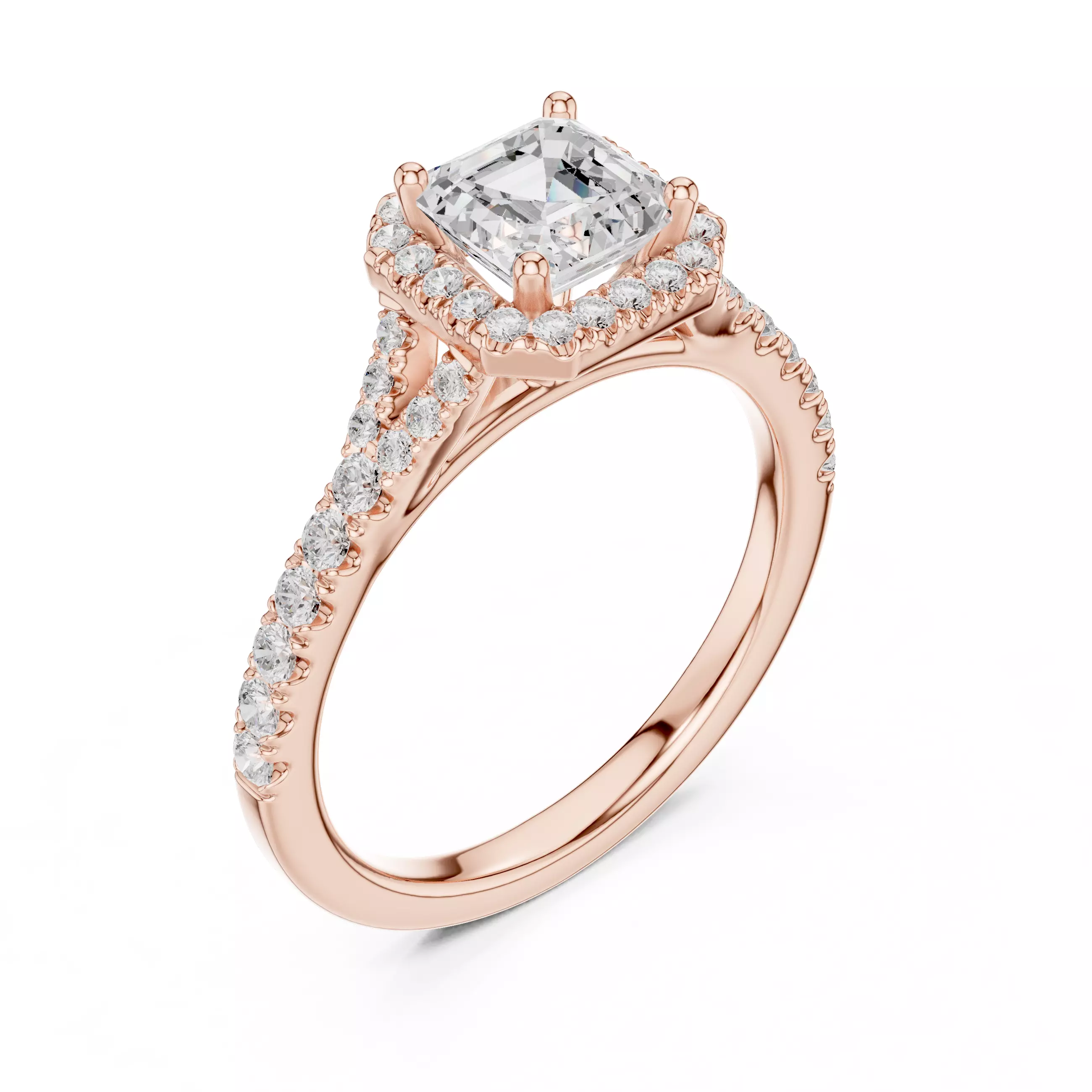 1CT Asscher Cut Halo Round Pave Shank Wedding Ring 3DM STL Video 3D print model_4