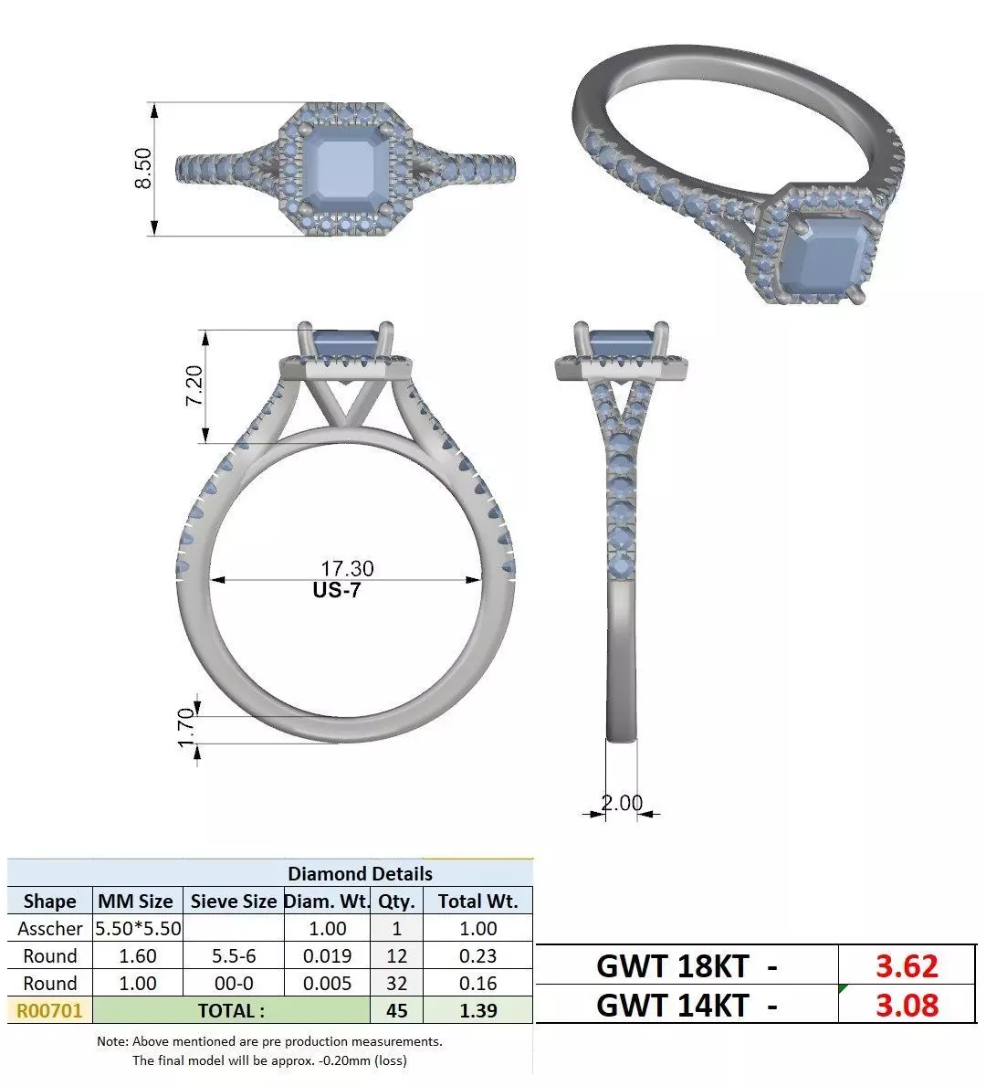 1CT Asscher Cut Halo Round Pave Shank Wedding Ring 3DM STL Video 3D print model_15