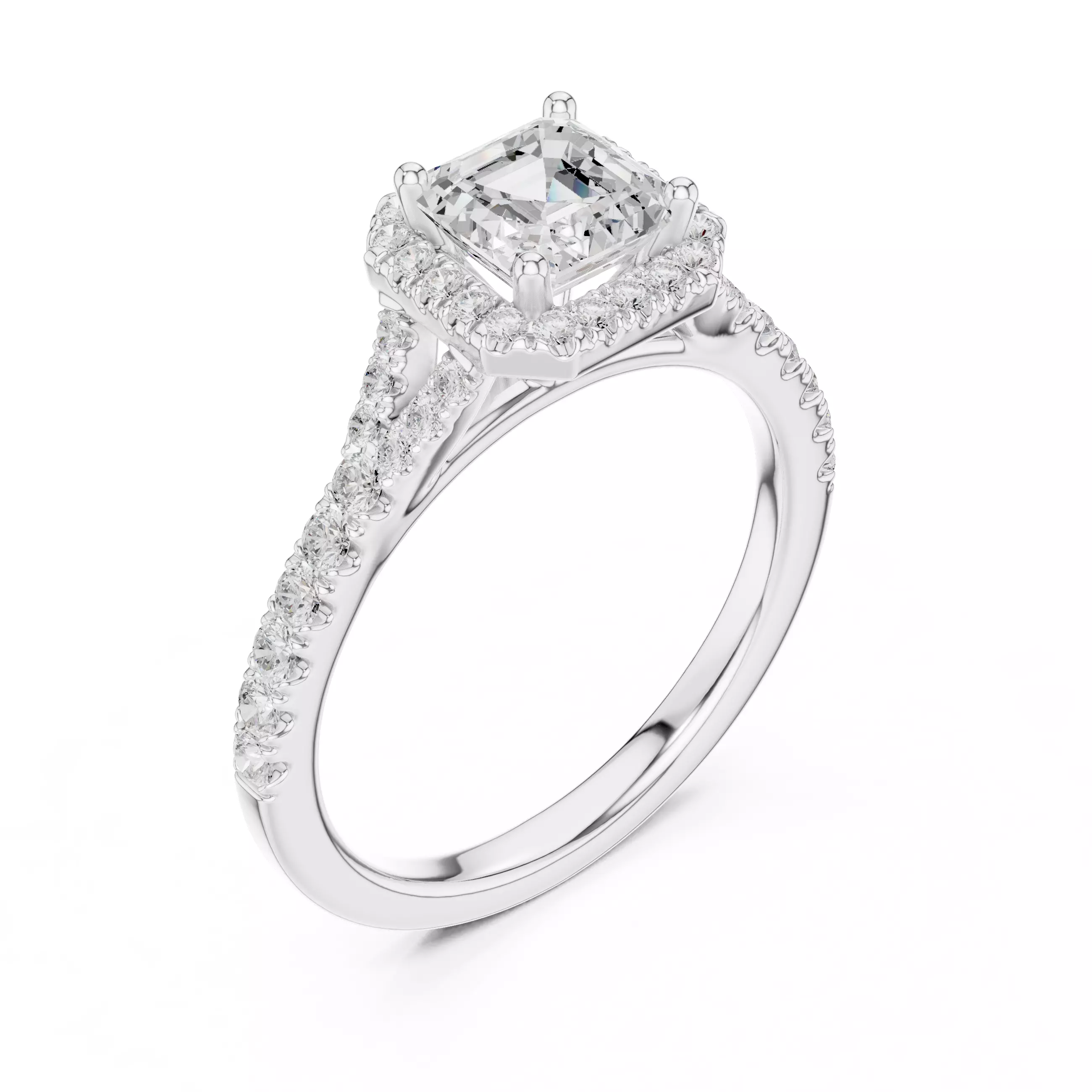 1CT Asscher Cut Halo Round Pave Shank Wedding Ring 3DM STL Video 3D print model_10