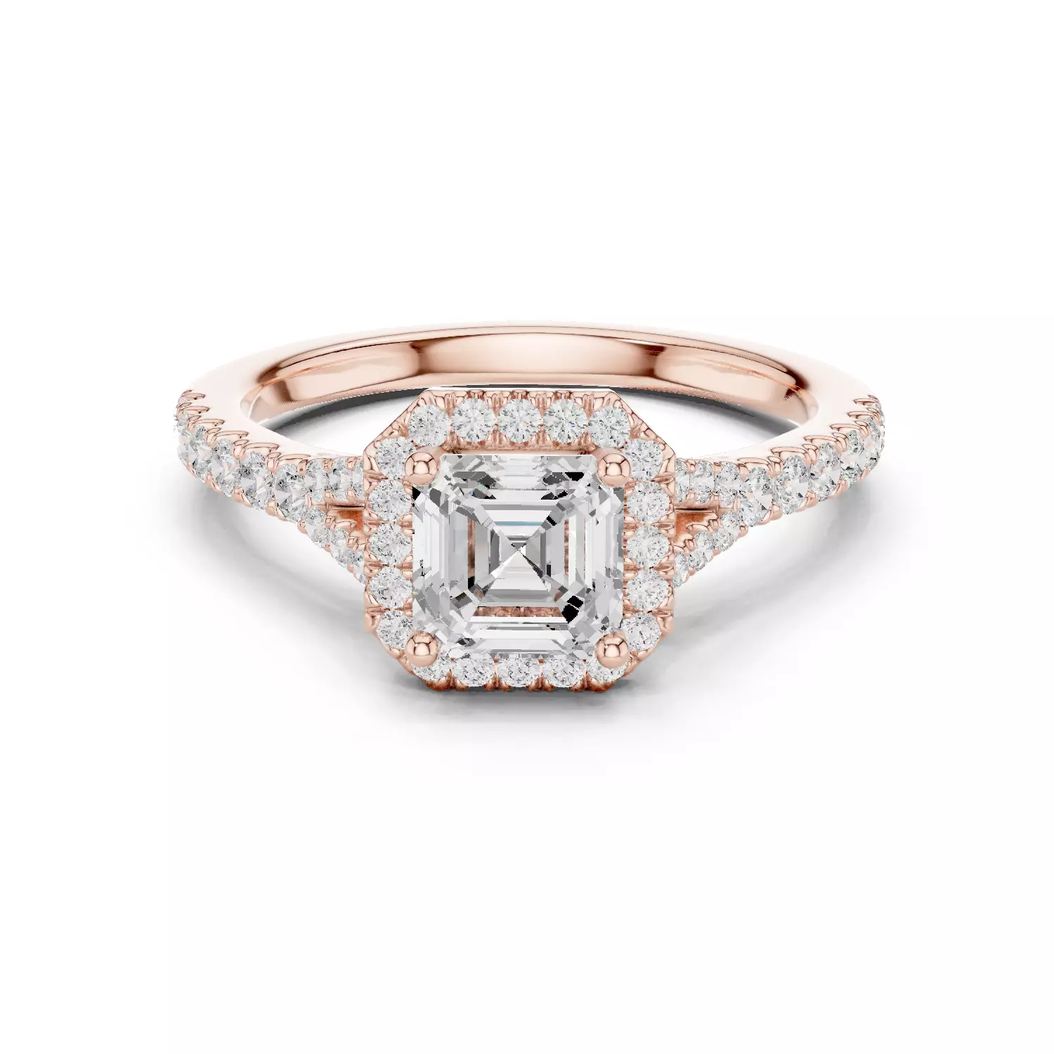 1CT Asscher Cut Halo Round Pave Shank Wedding Ring 3DM STL Video 3D print model_12